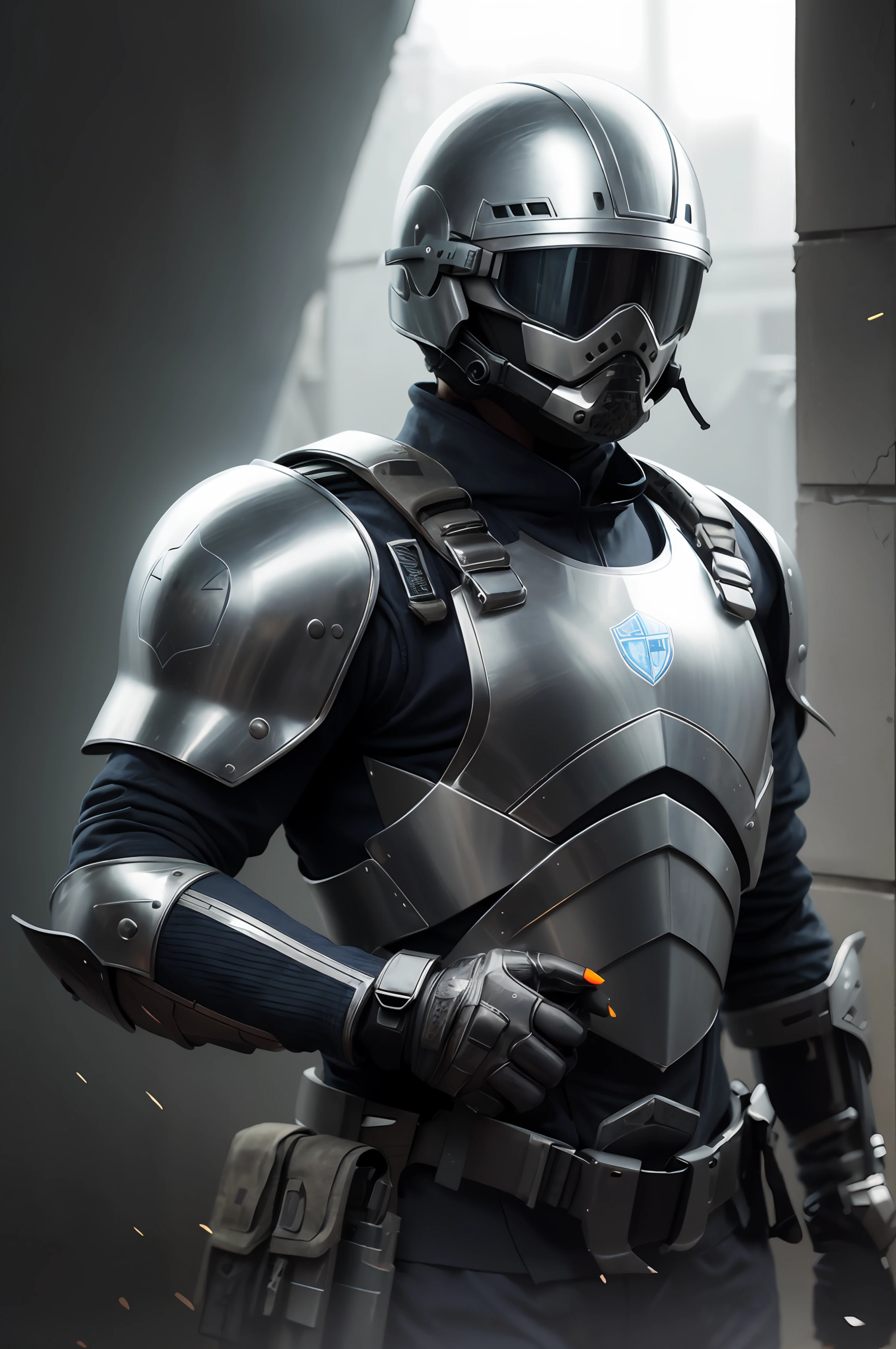 Futuristic armor, Closed helmet, ember, gray in color, Closed armor, The face is not visible, infantryman, Spetnaz, Blue Wieser, Chain mail