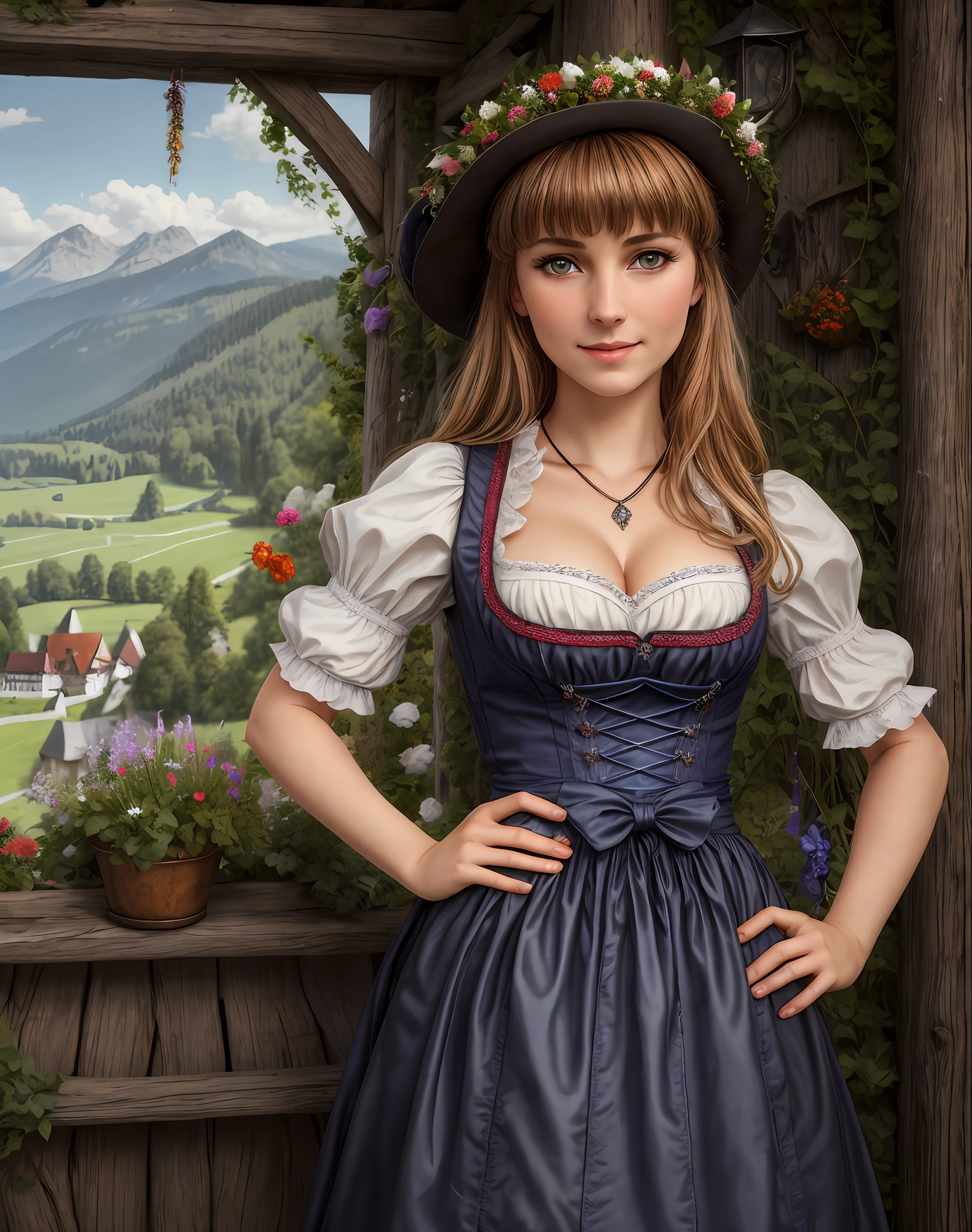 Masterpiece, absurdres, fine detail, HDR, highly detailed face and eyes, photorealistic, drindl, a woman in traditional bavarian dress poses with her hands behind her back ,german woman, wearing drindl,Close up on face,Bangs,