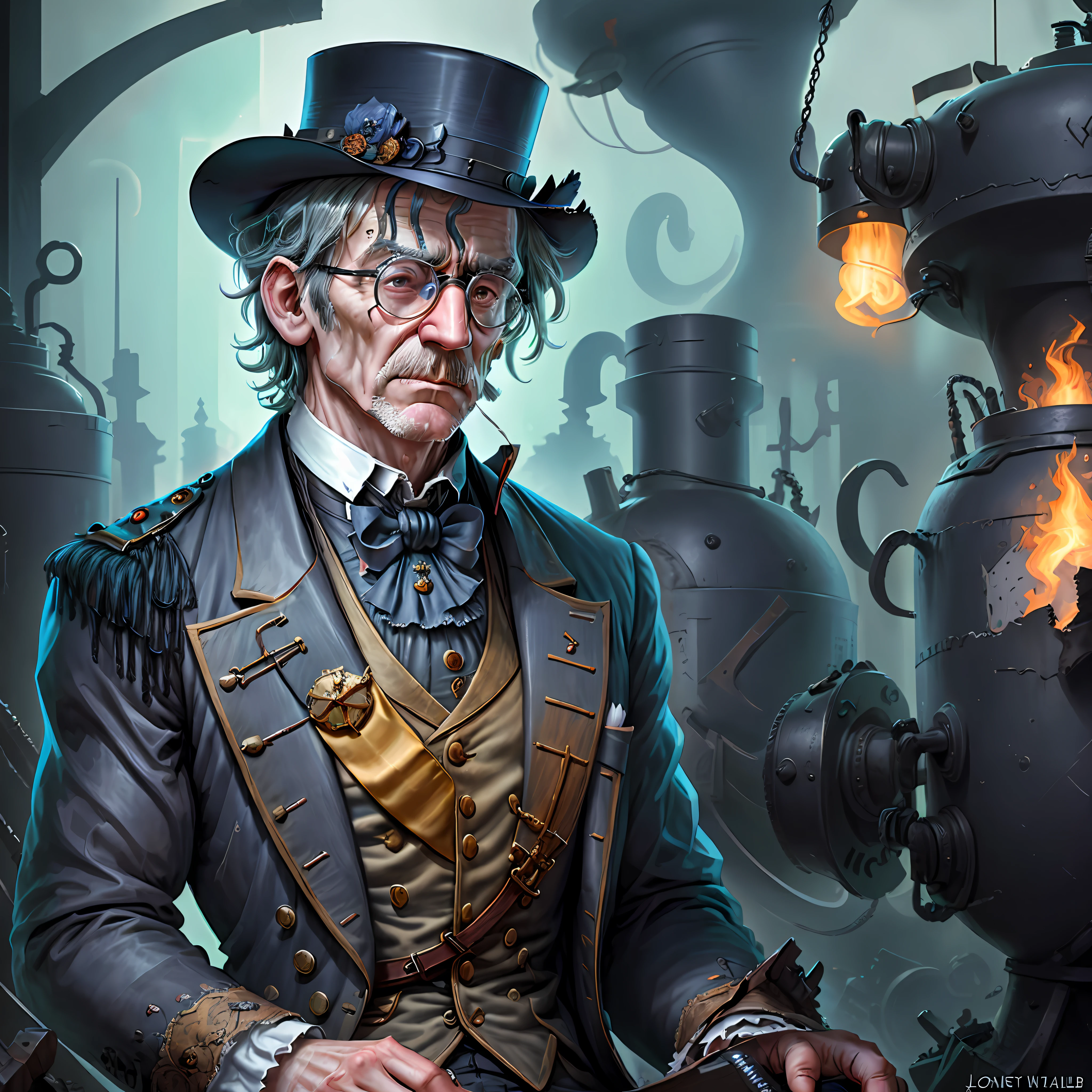 A gloomy Victorian gentleman in a fantasy artifact lab