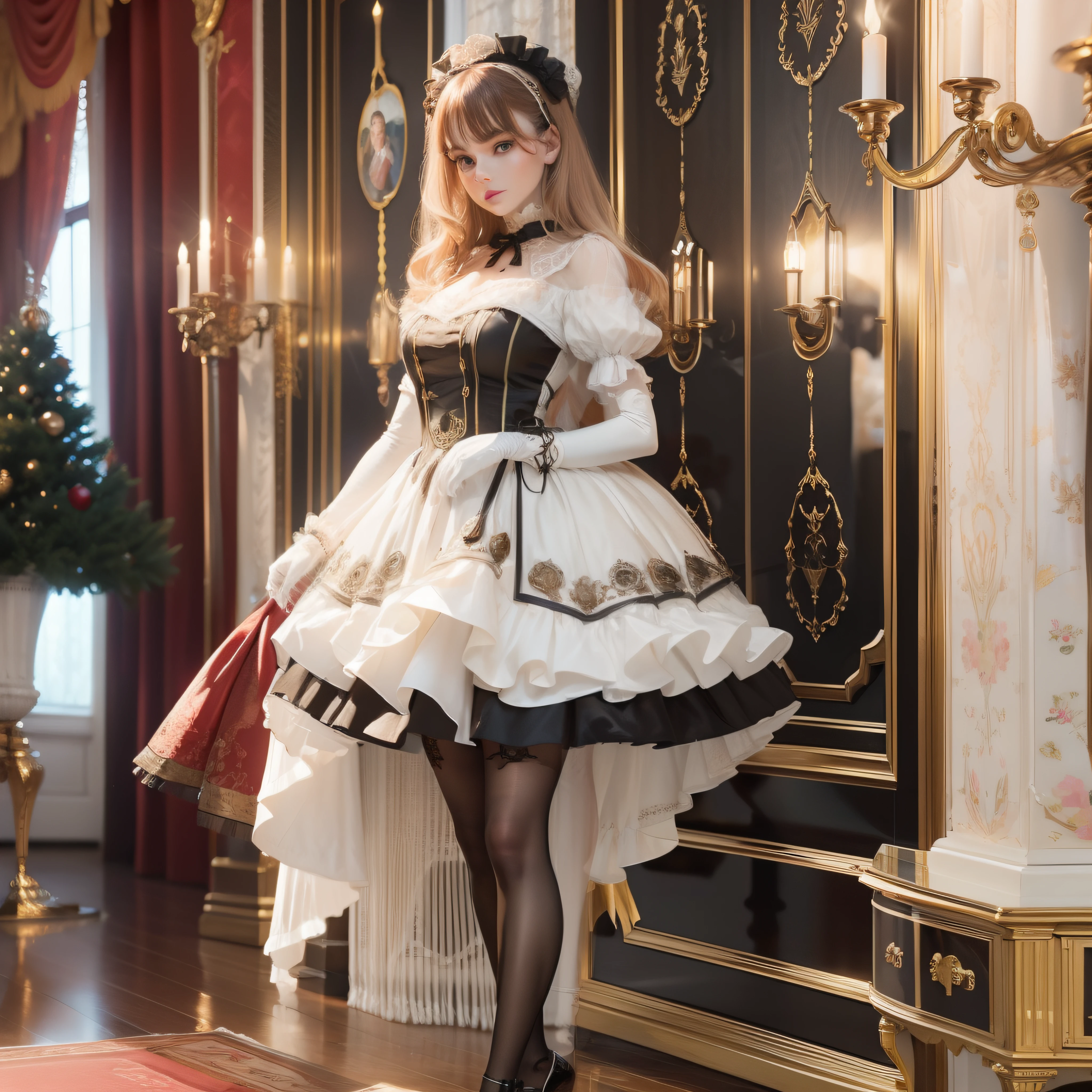 Must wear Lolita,There must be a large number of ornaments,luxury goods,The entire leg must be displayed in its entirety, And must wear extra-long gloves,Stockings are mandatory,High heels must be worn,Must be a full-body image,??????? correct,(realisticlying,tmasterpiece,The best quality,hyper HD,The is very detailed,cinmatic lighting)