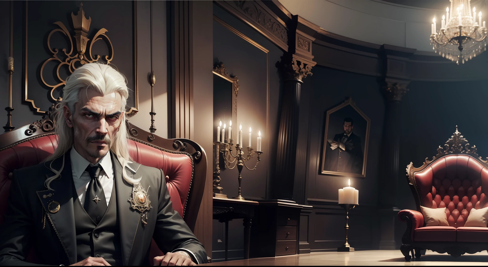 8k，Foto RAW，melhor qualidade, master part: 1.2, detalhes intrincados, papel de parede, ultra high-resolution), (Realistic), um homem maduro de semblante assustador (morto-vivo), aterrorizante (zombie), count Dracula, but very charismatic, rosto detalhado, aterrorizante, vincos no rosto, Awesome man, Arte Oficial, super detalhado, high-level, homem de olhar terno, profundo (Cabelo preto flutuante), homem sentado no canto de uma sala suntuosa, ampla, sentado numa poltrona linda de canto, Gothic armchair, antiga, detalhada, segurando uma bengala elegante, apoiado nela, Talking to Yourself, design de interiores, uma sala ultra realista, ampla, bem grande, Spacious, Messy, rocking chair, váriasjanelas, (an old gothic horror room), como uma igreja, sangue nas paredes, lugar sombriu, gloomy, velas (candlelit), sentimentos paranormais, anamorphic lens, night time, lugar assombrado, raios de deus, feixes de luz das janelas.