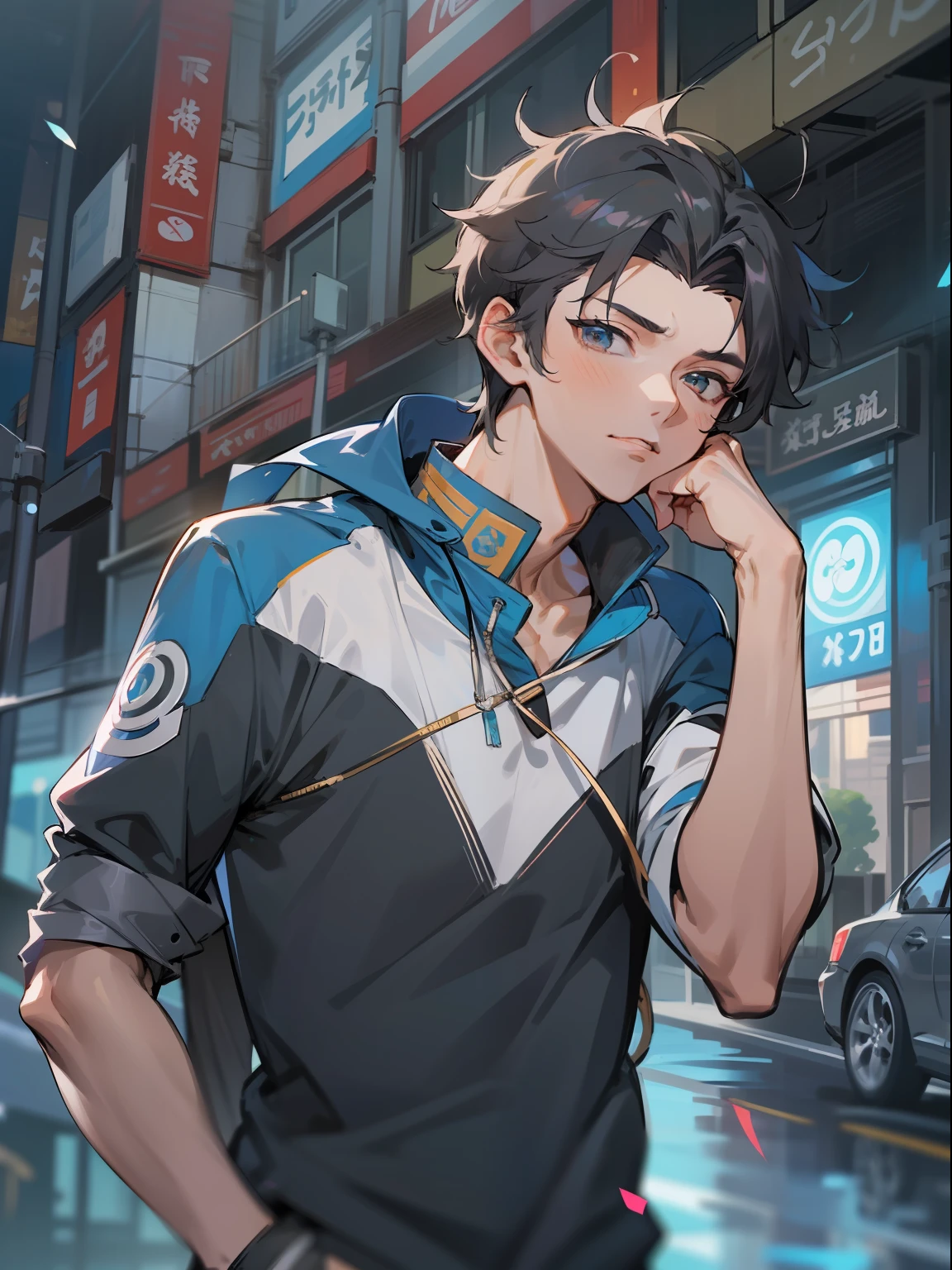 ultra detail,haigh quality,sketch,1boy,mature male,beautiful face,(black center parting hair:1.3),handsome male,pearl skin,black T shirts,drooping eyes,city street,dynamic angle,blue stadium jacket,japan anime,genshin,
