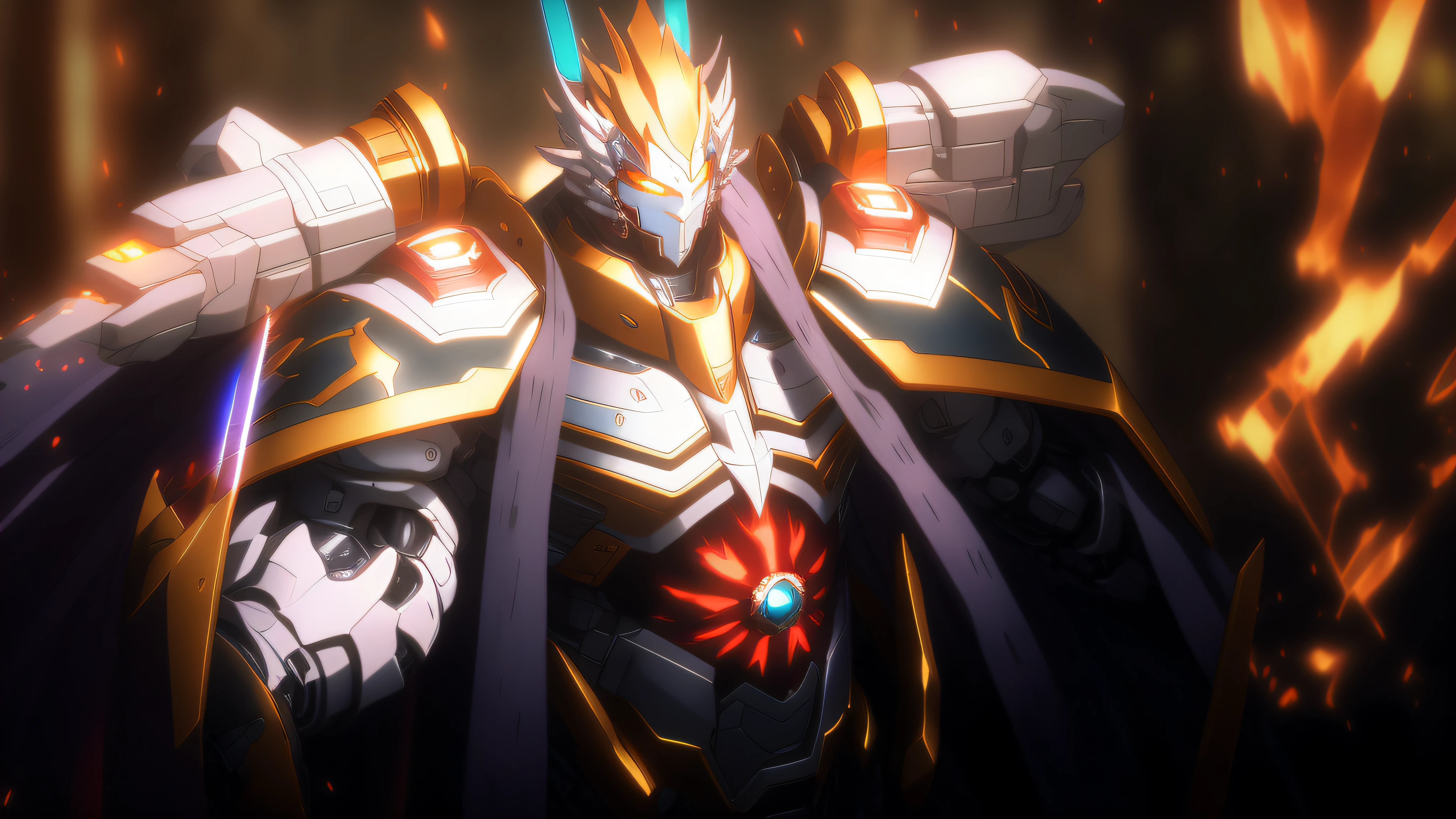 a close up of a robot with a sword and a light on, aquarius, genesis of aquarion, SSSS.gridman, style of ssss.gridman (2018), super robot wars, an epic anime of a energy man, modern mecha anime, mecha anime, epic 8 k hd anime shot, gold paladin