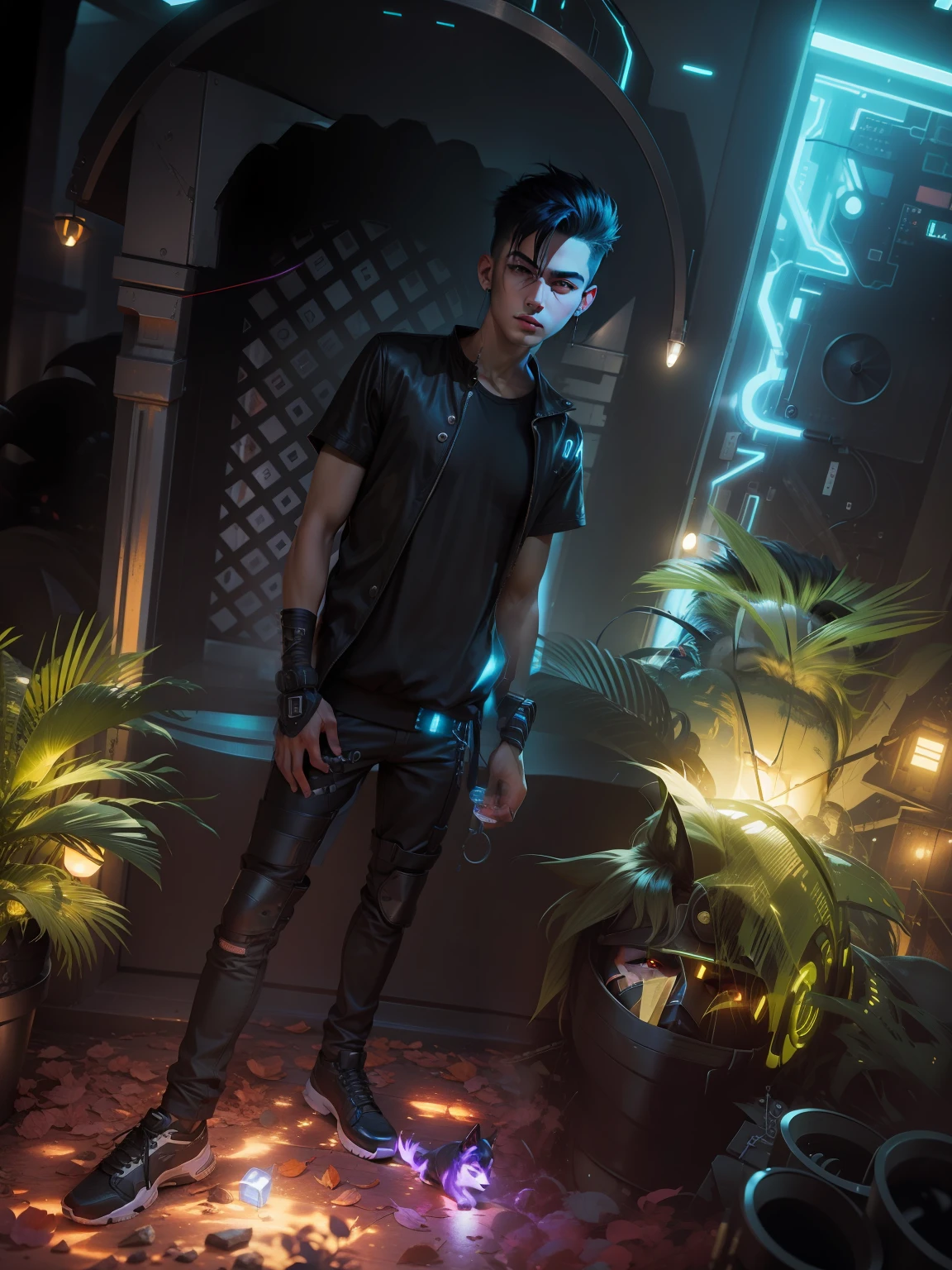 Cyber punk handsome boy with small black dog, cool lighting background, change hair style, realistic