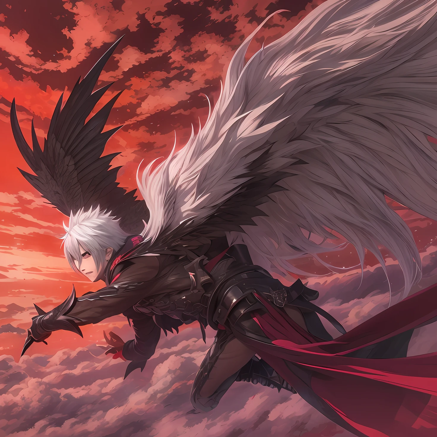 A white-haired demon with dark gray wings flying in a red sky, corvos negros voando ao redor, sentado em um pilar branco, com um olhar inocente. Personagem masculino de anime.