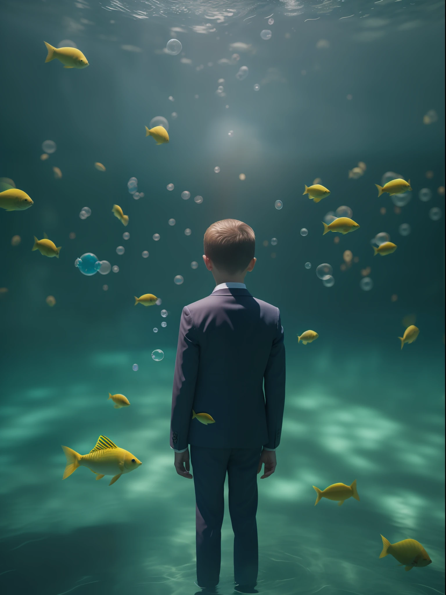 An underwater scene where fish fly and birds swim, in the style of Rene Magritte, A boy watches in wonder from his bubble, Close-up shot of the boy amidst this surreal scene, Rendered by Alec Soth with unreal engine 5, Luminism, cinematic lighting, retina, textured skin, anatomically correct, best quality, award winning