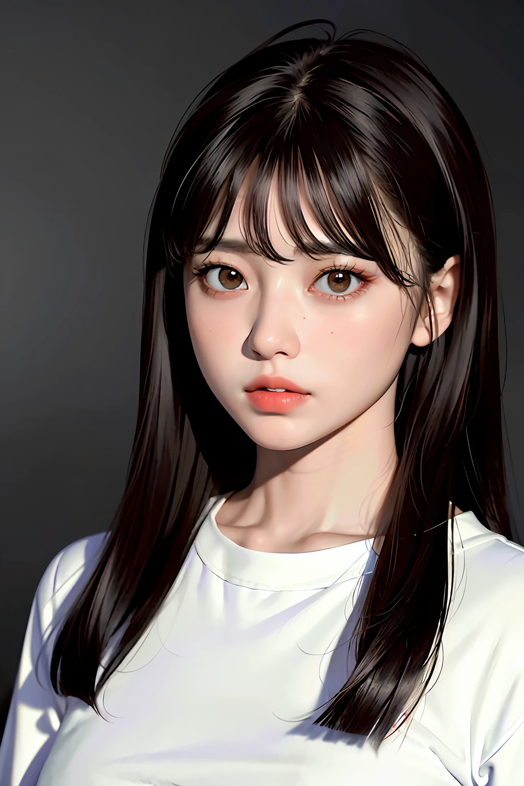 Masterpiece, best quality, (dark photo: 1.3), realistic, 1girl, flat bangs, stunning innocent symmetrical face, shirt, emotional, ulzzang, (PureErosFace_V1: 0.7)