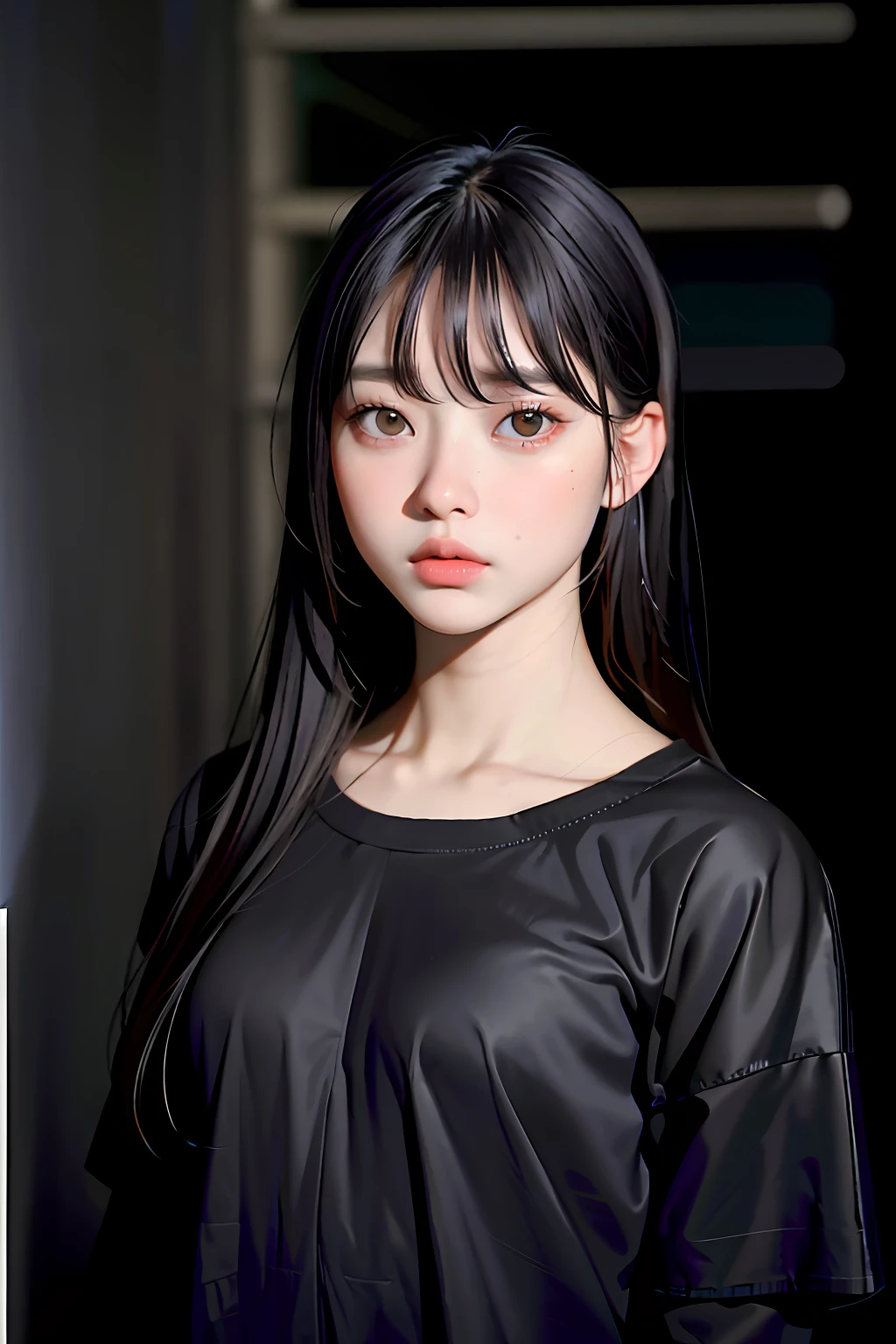 Masterpiece, best quality, (dark photo: 1.3), realistic, 1girl, flat bangs, stunning innocent symmetrical face, shirt, emotional, ulzzang, (PureErosFace_V1: 0.7)