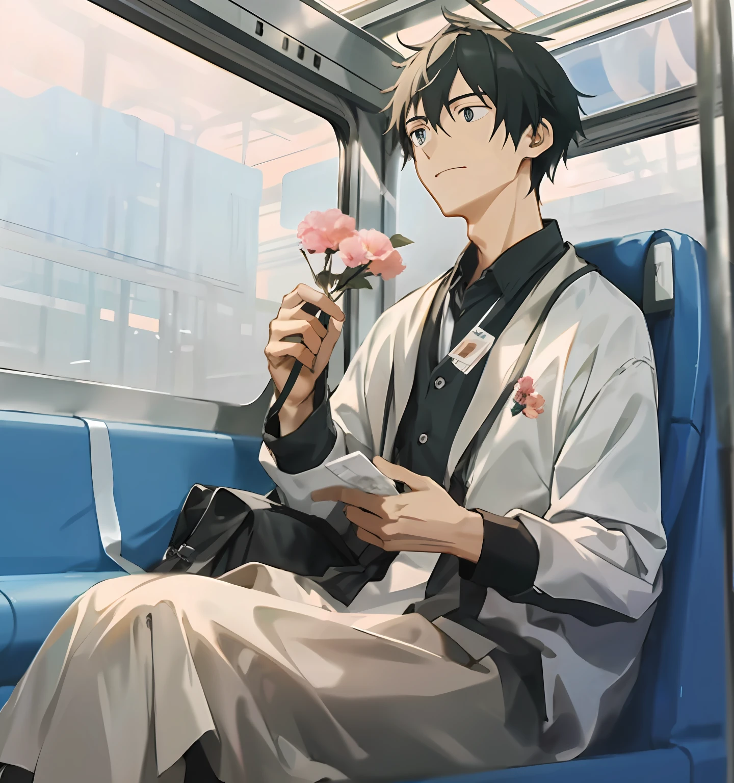 The unwilling ager sat in the seat of the high-speed train,Showing loss Flowers in his hand, And the ticket in his hand slowly floated to the ground for a half-body photo