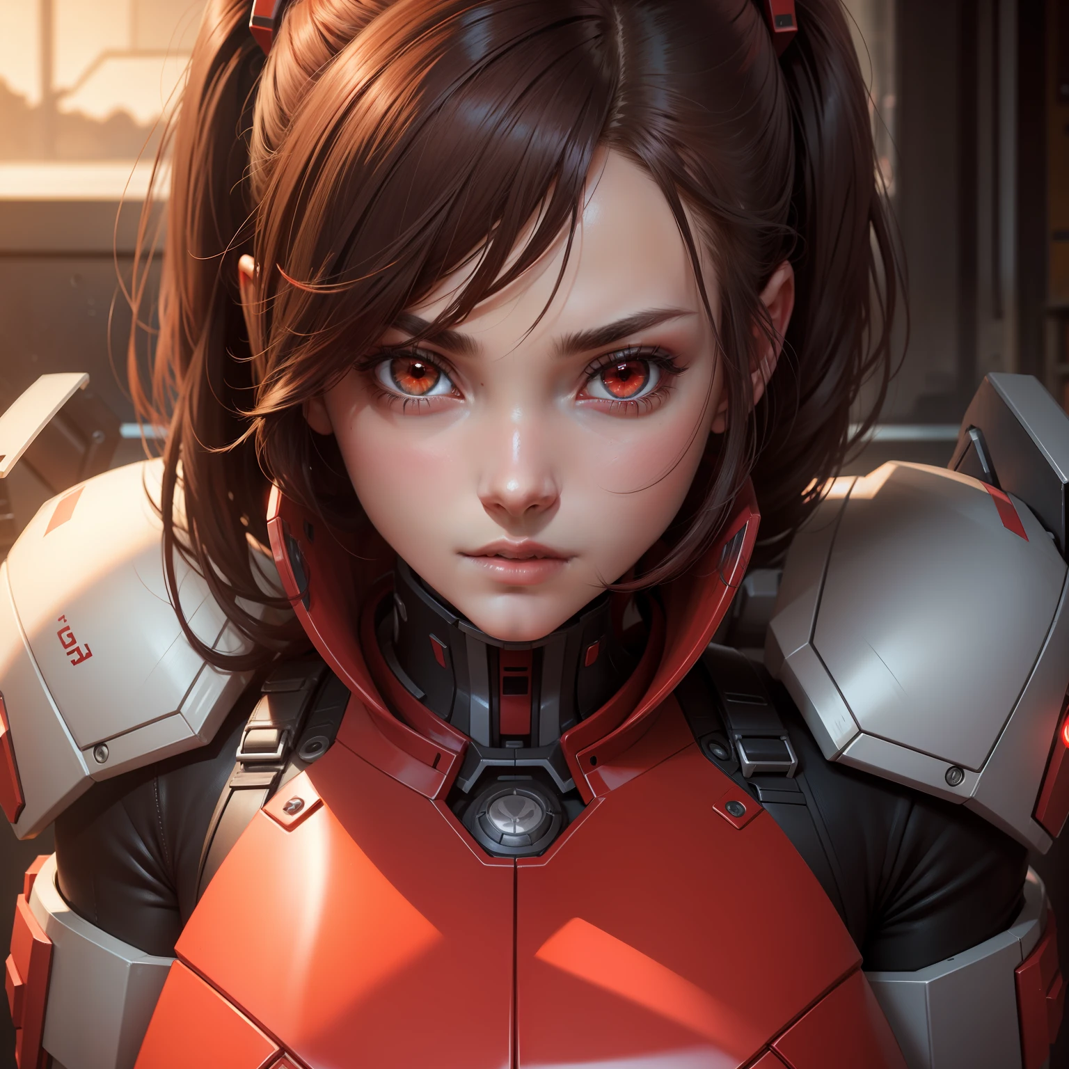 sci-fy,brunette color hair,Red pupils,female pervert,mechs