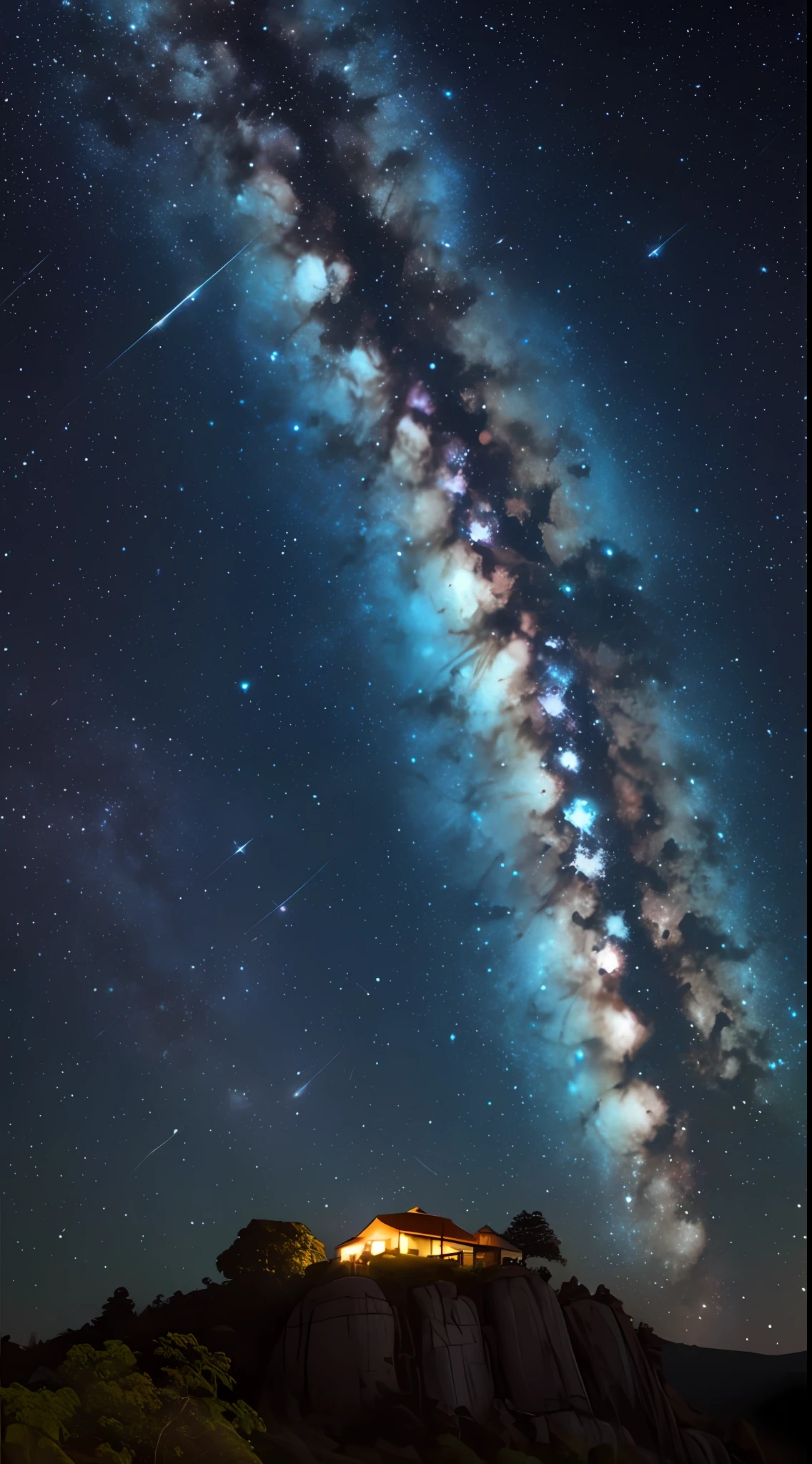 Uma garota sentada em uma pedra, Bottom-up view, Galaxies and stars, noite na floresta, brilho de vagalumes, Obra-prima, melhor qualidade, (papel de parede 8k de unidade CG muito detalhado) (melhor qualidade), (best illustration), (melhores sombras)
