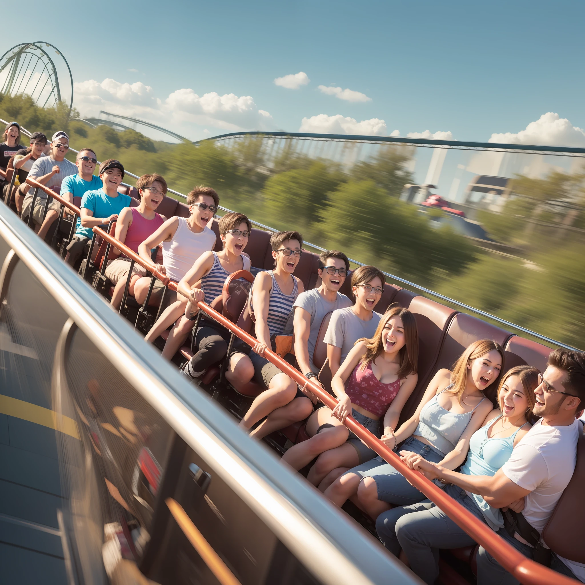 A dozen friends play roller coasters at a large amusement park