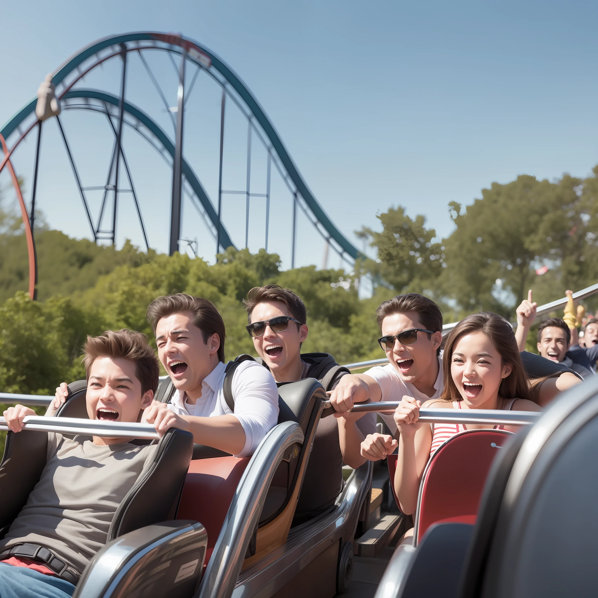 A dozen friends play roller coasters at a large amusement park