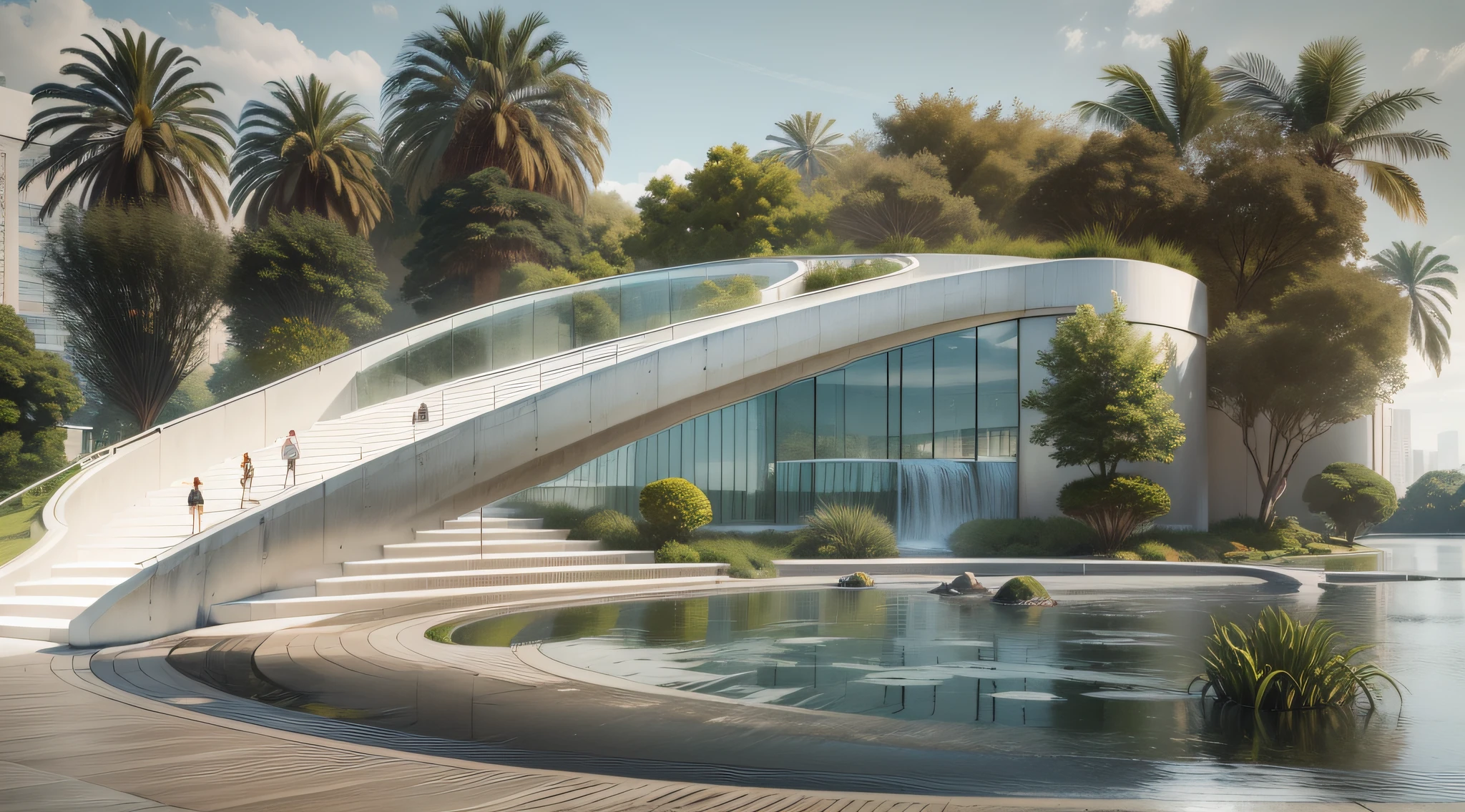 There is a small waterfall in the middle of a park with a building in the background, Arquitetura moderna, arquitectura Norman Foster, mirrored building, museum building, Arquitetura moderna, arquitetura premiada, Luz vibrante, high-quality render, architectural render, professional render, a photorealistic rendering, architectural visualisation, oi ultra, natural realistic render, hyper - realistic render, hyperrealistic rendering, beautifully detailed render, hiper realismo, 16k, Ultra HD | | | | | | | |, muita luz, muito brilho,