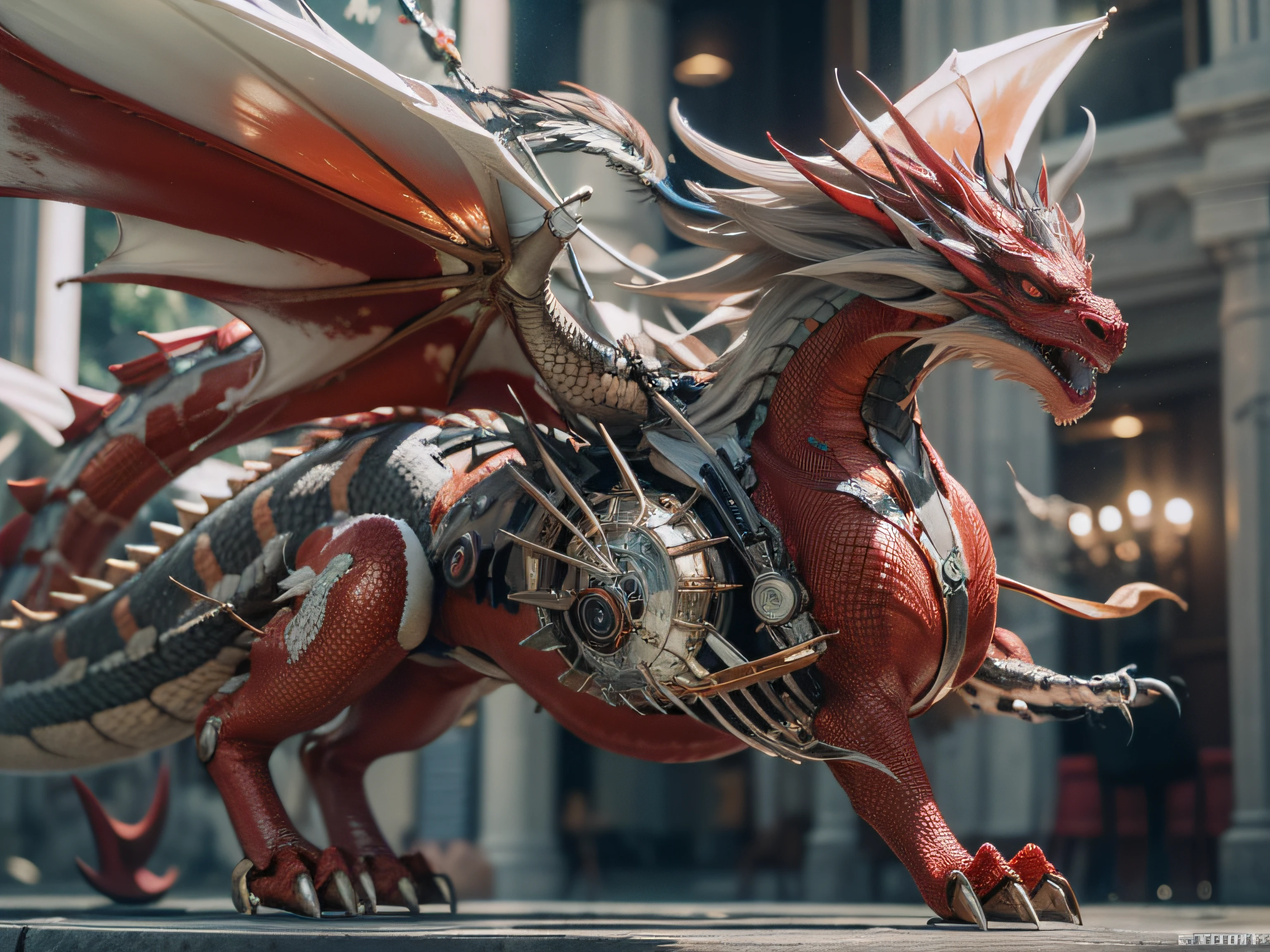 Highest image quality，Outstanding details，超高分辨率，（Fidelity：1.4）, Favor the details，Dragoon Dragon Riding Dragon, Silver long-handled gun，He has a delicate and beautiful face，（（Red and white flying semi-mechanical fuselage：1.8）），Raised sexy，frontage，cyber punk perssonage，Futuristic，mechanically aesthetic，Virtual Engine 5，Perfect detail rendering，rendering by octane，hyper HD