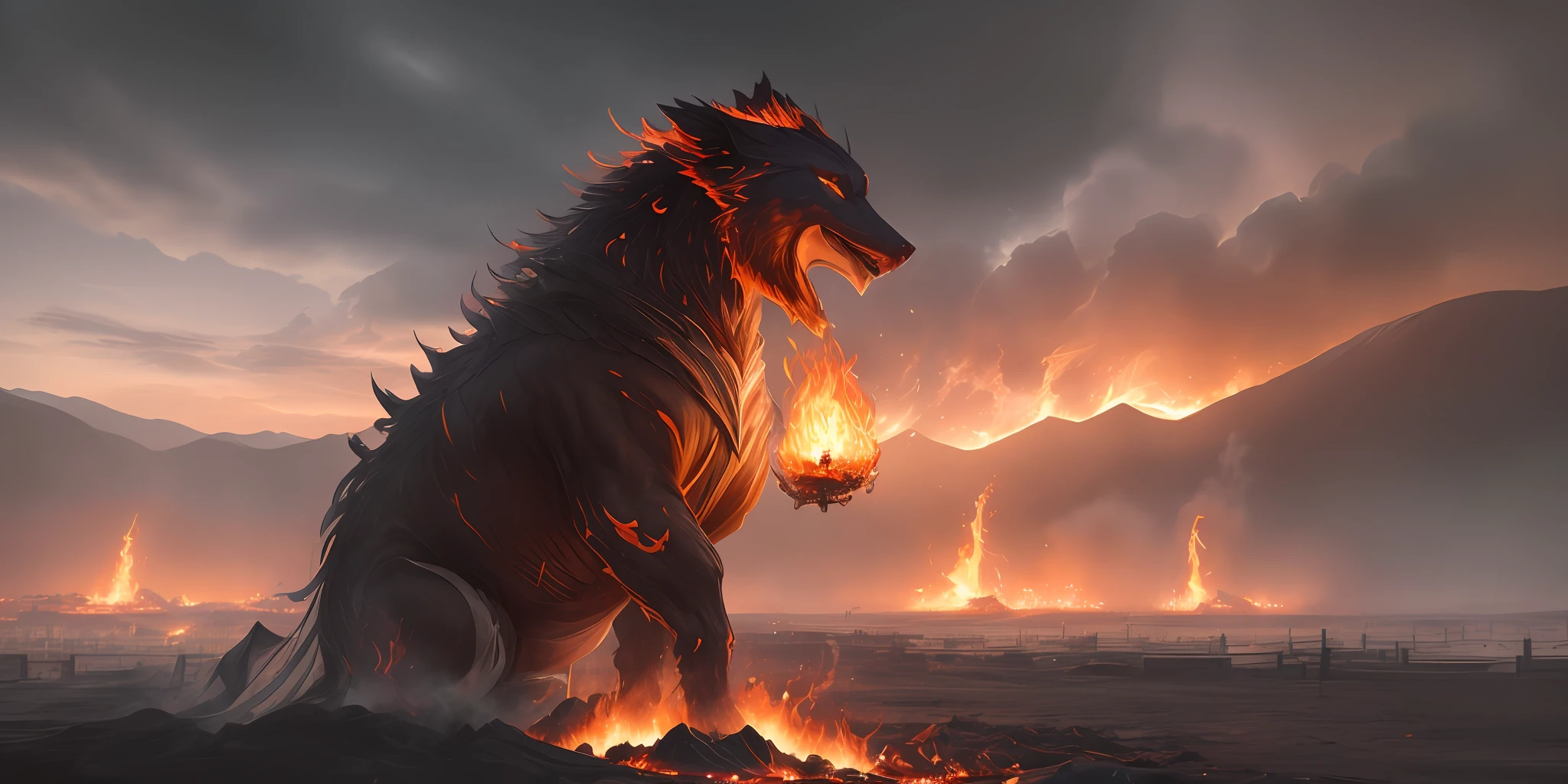 ((best quality)), ((masterpiece)), {flames of creation, origin of all, with crimson fingers you grasp and engulf all that comes in your path, scorching the earth and heavens in firestorm, bright flame dancing in darkness, infernall blaze reducing all to ashes, more than anything, powerfull, more than anything, ruthless, burning brightly, blazing fiercly, may your raging flames weave a snare, and shackle my enemy in ferocious hellfire, prison of flame}, masterpiece quality, insane detail, absurdres, hyper photorealistic, UHD, UHD, ultra high resolution, (photorealistic:1.4), official art, (8k, RAW photo:1.2), (((scenery))), ((battlefield))