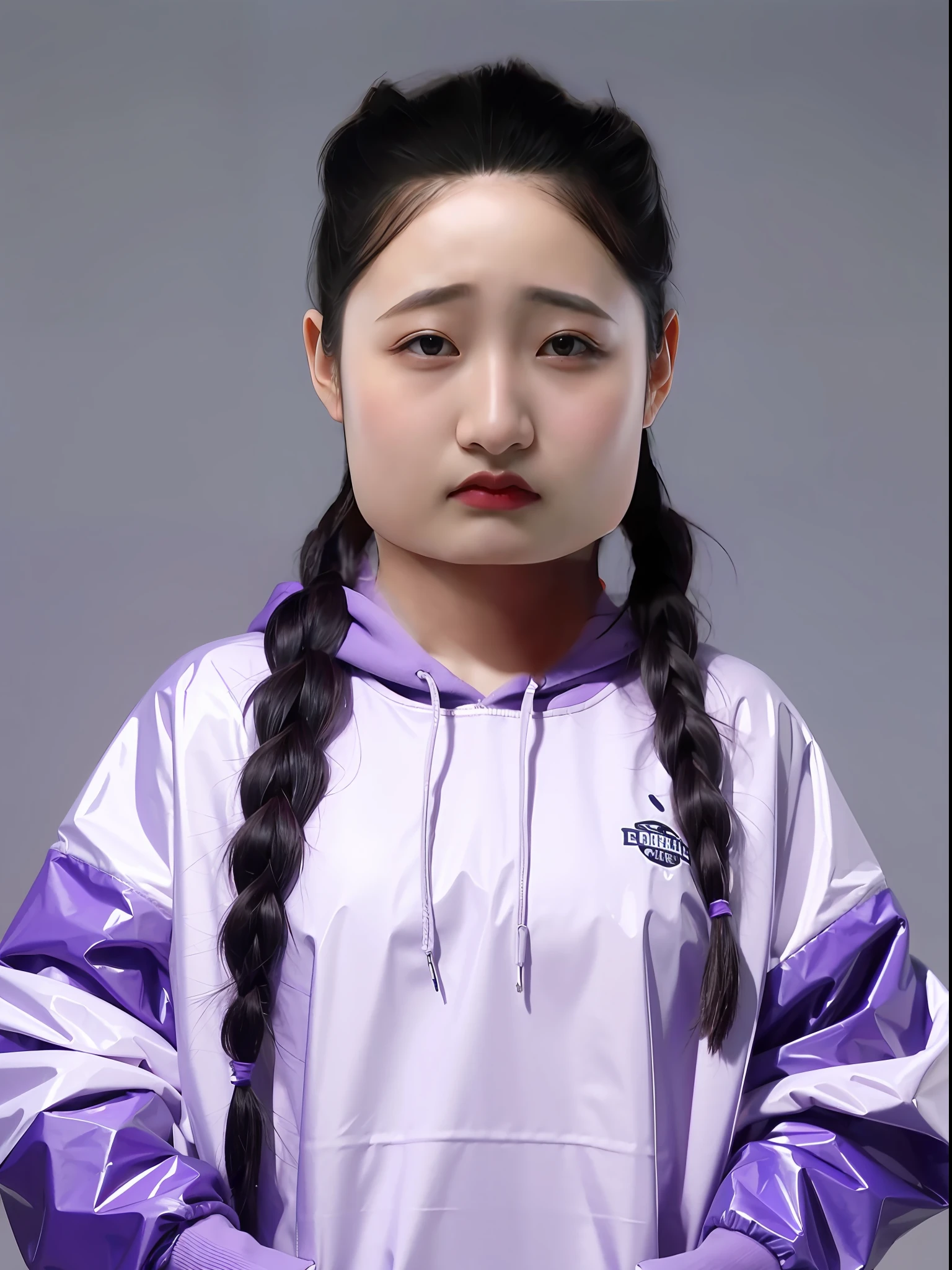 A Chinese high school girl,Wearing a purple PVC sweatshirt,long braid
