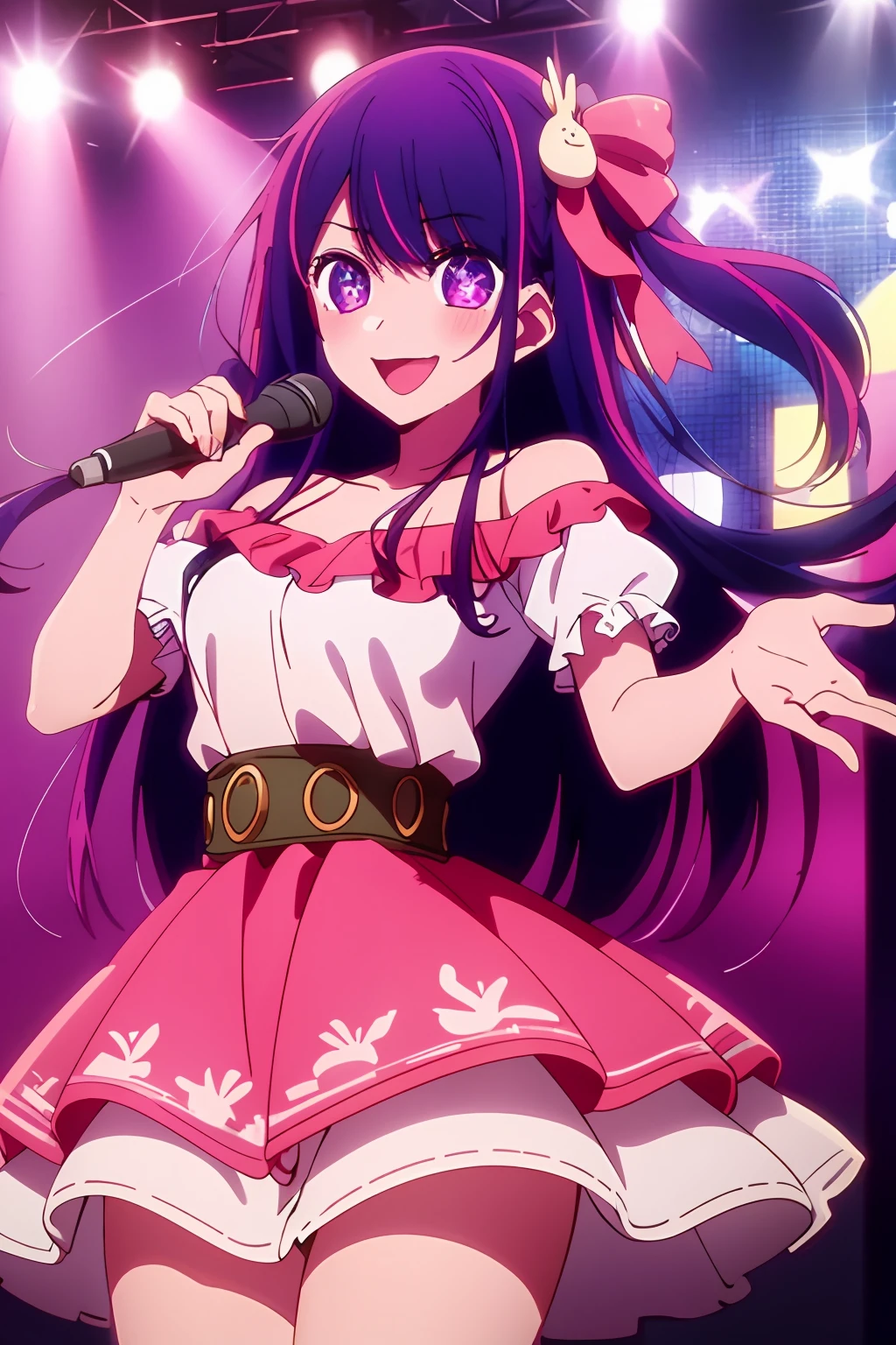 ​masterpiece、ighly detailed、(1 girl in:1.2)、purple color  hair、pink  dress、big eye、a closeup、A smile、8K、Ai Hoshino、Live performance venue、wink