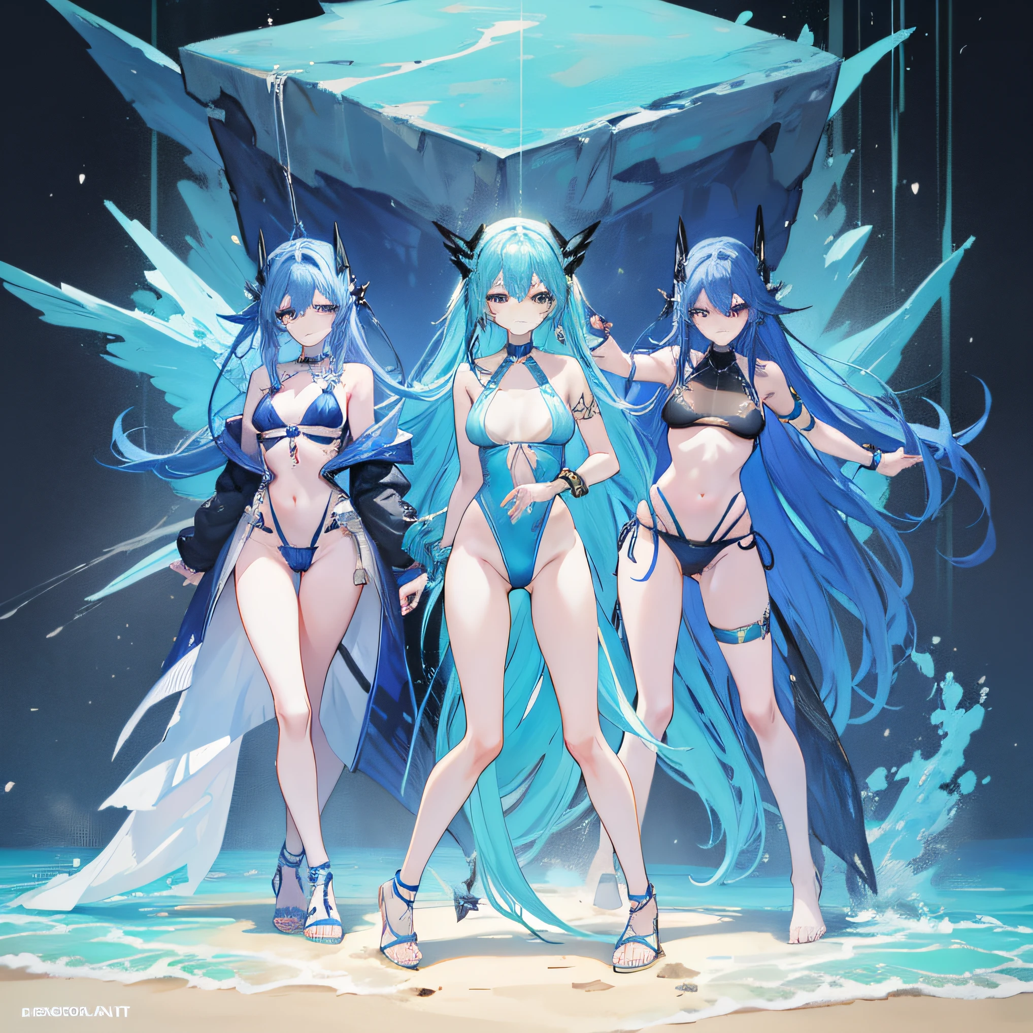 Illustration is superlative, Full body swimsuit, Blue-haired beauty, , Bracelet ear piercing, dreads , Dynamic pose, A desert,, Touch the scene, Bold text, Focus on fashion