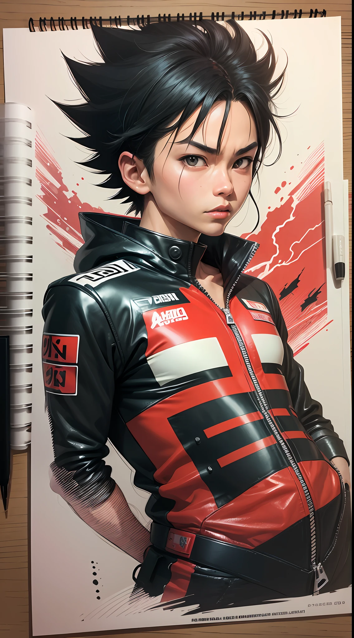 Akira character Tetsuo consists of - Art - O - Katsuhiro Ôtomo, Red leather jacket, red racing suit, MOTO GP suit, hand drawn, pencil ink on sketch book, color pencils and markers on table,anime manga Art Style, Wild Spike Black Saiyan Hair, Akira Toriyama style, AKIRA concept art, inspired by Seki Toriyama, AKIRA style, HD artwork, character AKIRA