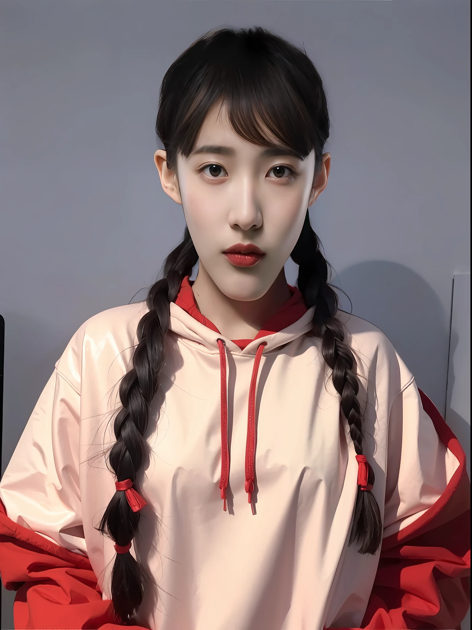 A Chinese high school girl,Wearing a red PVC sweatshirt,long braid