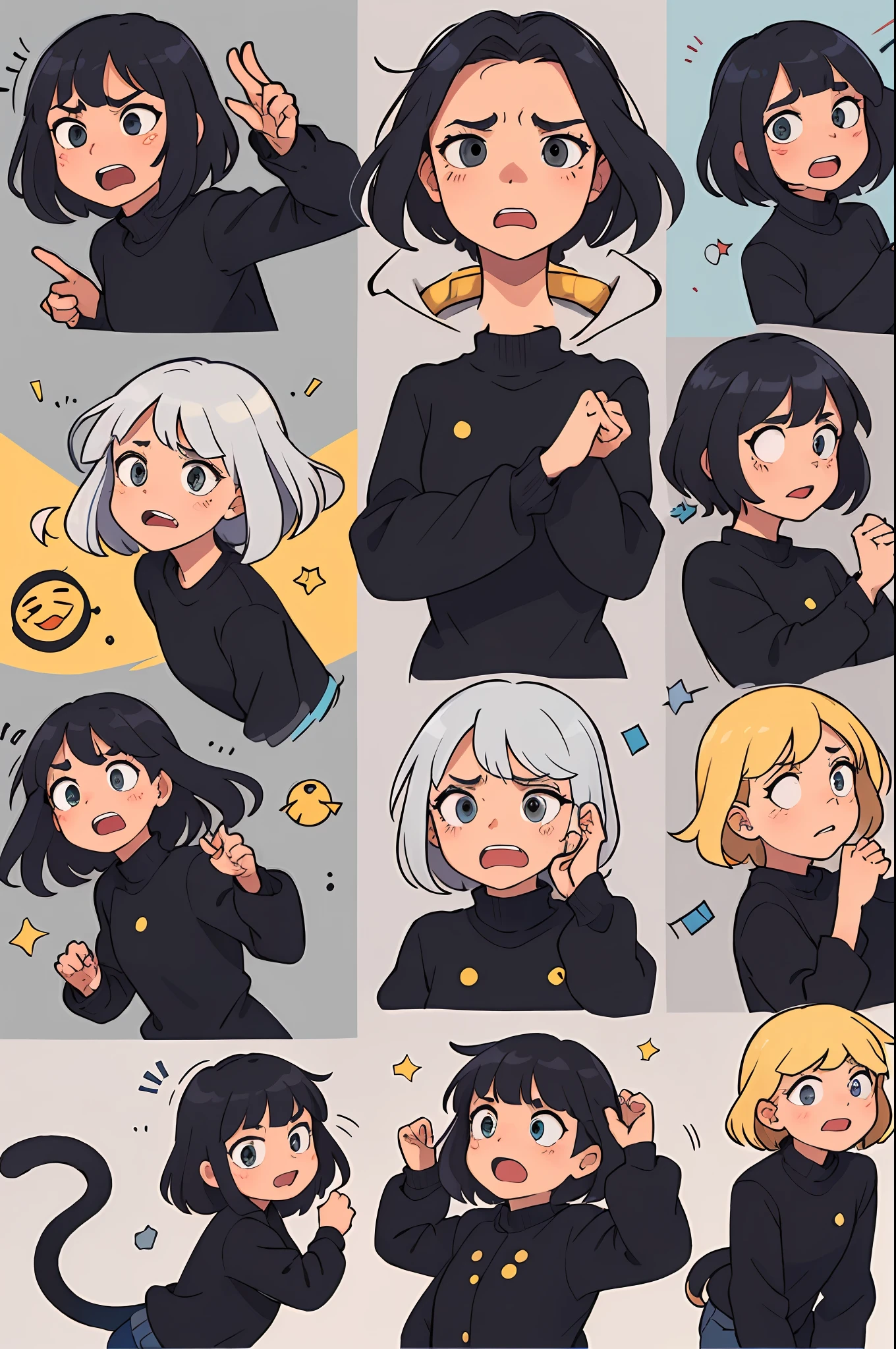 (different postures and expressions of black cats, joy, anger and sorrow, surprise, speechlessness, sadness, fear, anger), Q version of cats, different emotions, black cats, big eyes, cute, plush, lively, funny, 9 different posture expressions, emojis, exaggerated expressions, (nine squares, evenly spaced, neatly arranged, 3 in each row for a total of 3 rows), emojis, character expression design, rich and exaggerated expressions, vibrant, dynamic, pose, close-up, bust