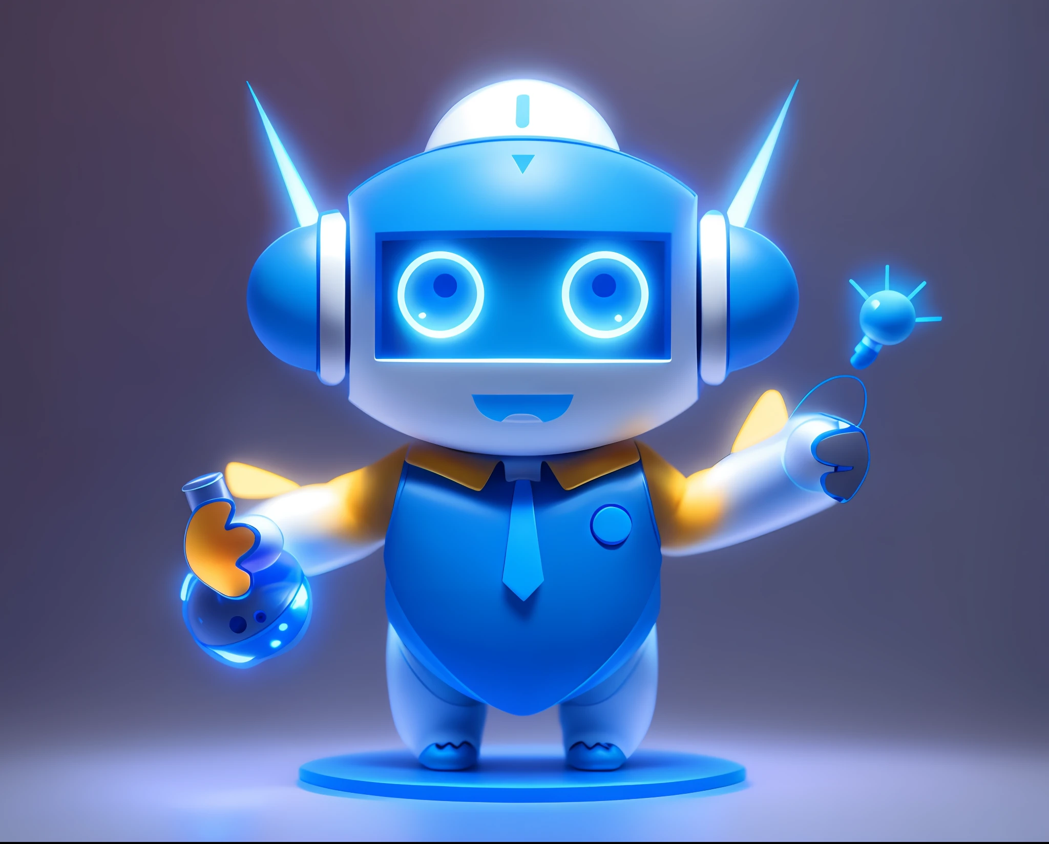 A small AI robot,Blue helmet,white clothes,Blue gloves,blue shoes,3Drenderingof,pixar-style,a blue tie,Blue collar,Mechanical joints of the legs,Blue tech headphones,Blue eyes are prominent,Left-handed experimental flask,In the right hand this one luminous pair of bulbs,The knuckles are blue,Clear fingers