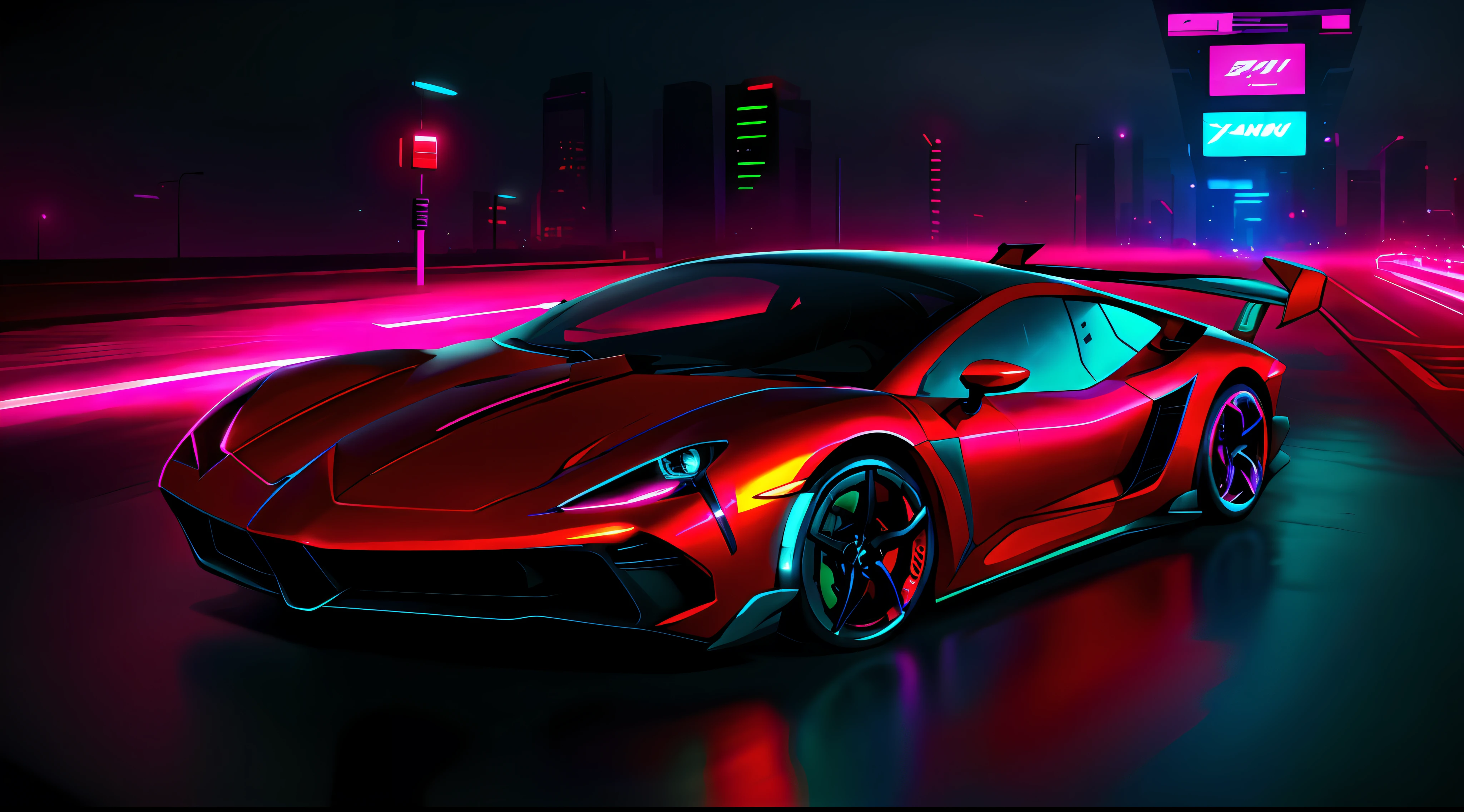 Cyberpunk style background，Amazing photos of futuristic supercars， the sideview， natta， neonlight， Bright colors，Best image quality