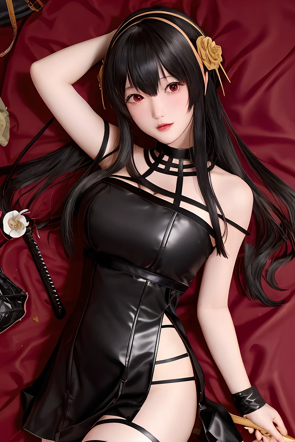 Sexy Japan woman in black leather dress with sword and rose petals, a short skirt、Beautiful facial features、Beautiful bust、Ultra mini skirt、I can see the white panties、beautiful thigh、poneyTail、Beautiful panties、There are pure village frames like、Beautifully constricted waist、Beautiful panties、Beautiful belly button、 by Yang J, ig model | ArtGerm,Beautiful shorts、Beautiful Kasumi Arimura、white panty、 Trending on CGSTATION, beautiful alluring anime woman