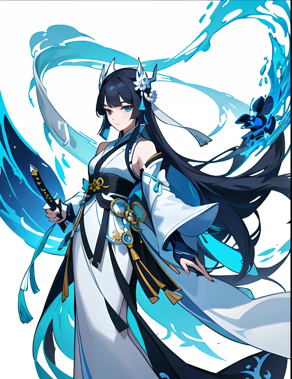 A woman in a white dress，Armed with a sword，Wearing a turquoise dress, onmyoji portrait, heise jinyao, onmyoji, Onmyoji detailed art, Yun Ling, full-body xianxia, xianxia hero, zhongli from genshin impact, heise-lian yan fang, Xianxia