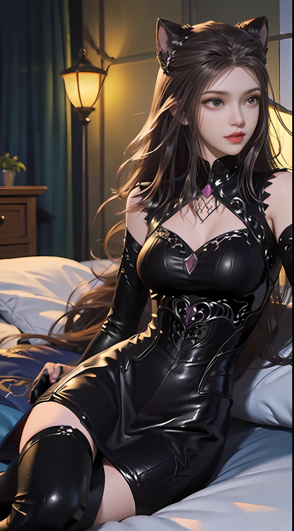 (hoang lap,High- sharpness,ultra - detailed), 1girll, 独奏, mature, (Very long hair, brunette color hair, By bangs: 1.4), long skirt, longer sleeves, rich colourful, highest details, Wearing black silk pajamas,Black leather pants,Cat ears,Lying in bed,looks into camera,Seductive eyes