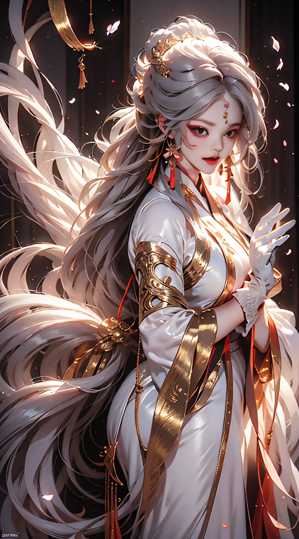 Need,tmasterpiece,A high resolution,(Delicate figure，White gloves:2.0),Absolutely beautiful,(Milky skin:1.3),exquisitedetails，Delicate face，,A high resolution,Wallpapers,1female,独奏,shift dresses,hair adornments,(((Golden and red dress，Long gray hair)) ), long  white hair,Fox's tail, friedly smile,Gorgeous accessories, longer sleeves, Raise Hand, Wide sleeves, Big eyes, Fluttering, Hanfu, Hanfu, embroidery, long  skirt, Feminine pose, falling flower petals, lanterns，16K，HDR，A high resolution，depth of fields，（filmgrain：1.1），Bocoon，prime time，（lens flare glow），Vignette，rainbowing，（Color：1.5）