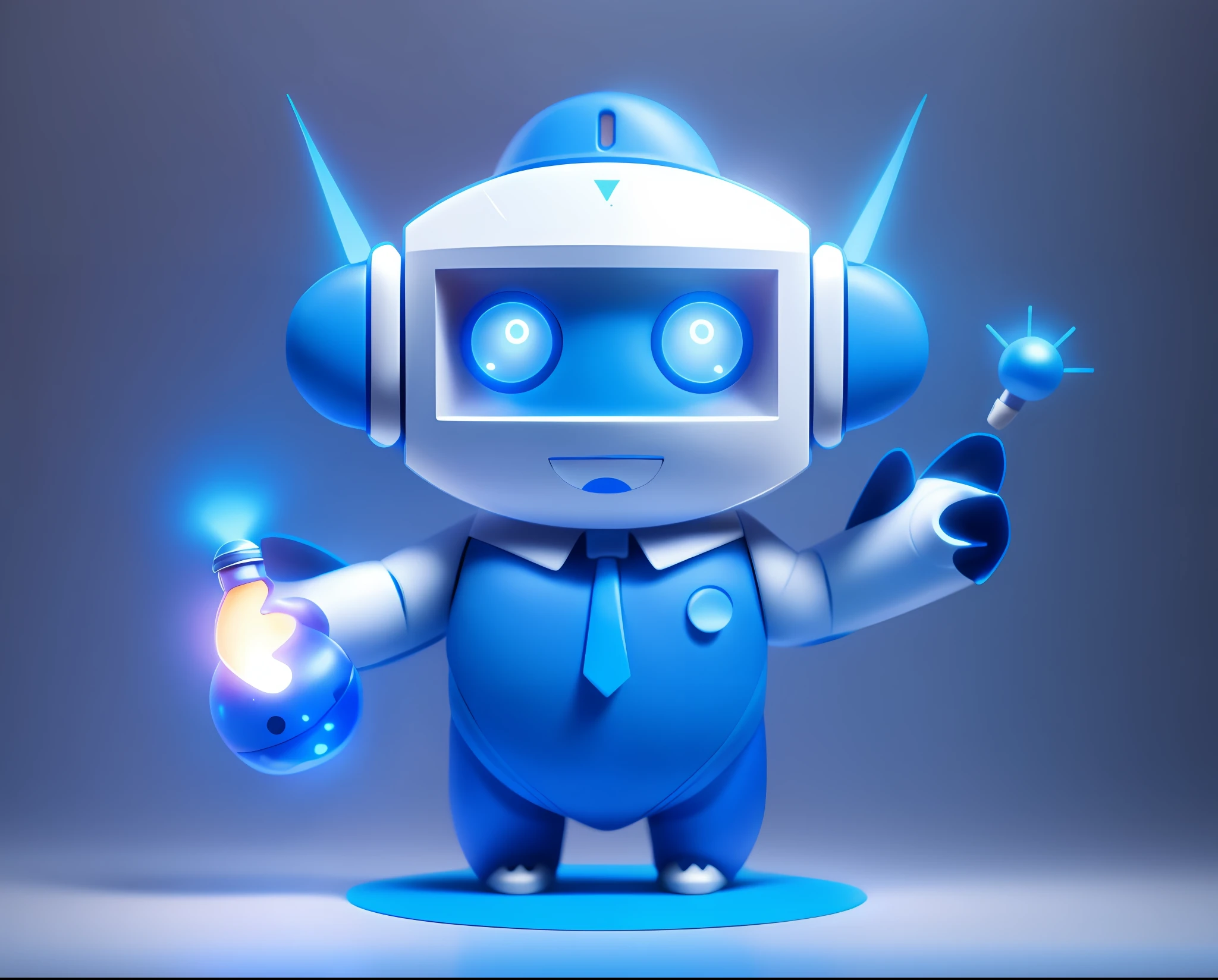 A small AI robot,Blue helmet,white clothes,Blue gloves,blue shoes,3Drenderingof,pixar-style,a blue tie,Blue collar,Mechanical joints of the legs,Blue tech headphones,Blue eyes are prominent,Left-handed experimental flask,In the right hand this one luminous pair of bulbs,The knuckles are blue,Clear fingers