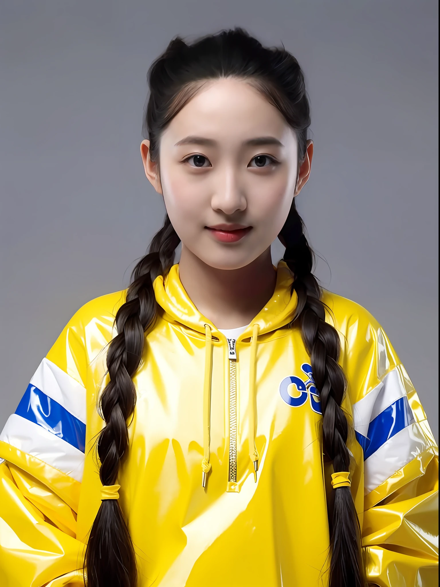 A Chinese high school girl，Wearing a yellow PVC sweatshirt，long braid