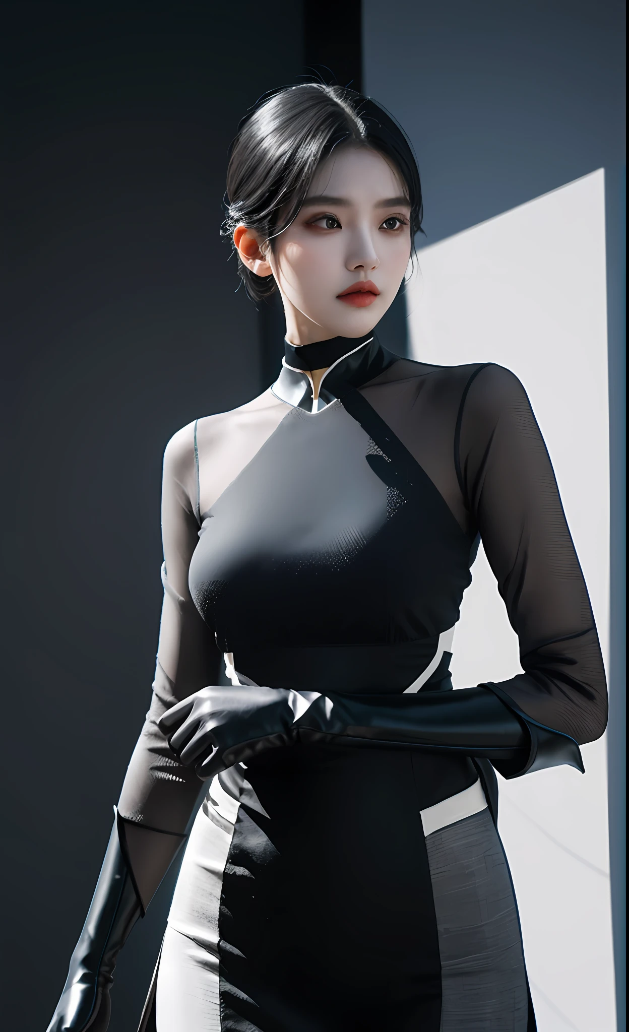 1girll, Textured garments, poised poise, Dramatic angles, geometric shapes, contrast of light and shadow, slick futurism, avant-garde styling, High-tech background, 清晰的线条, Ultra-high resolution with both hands down