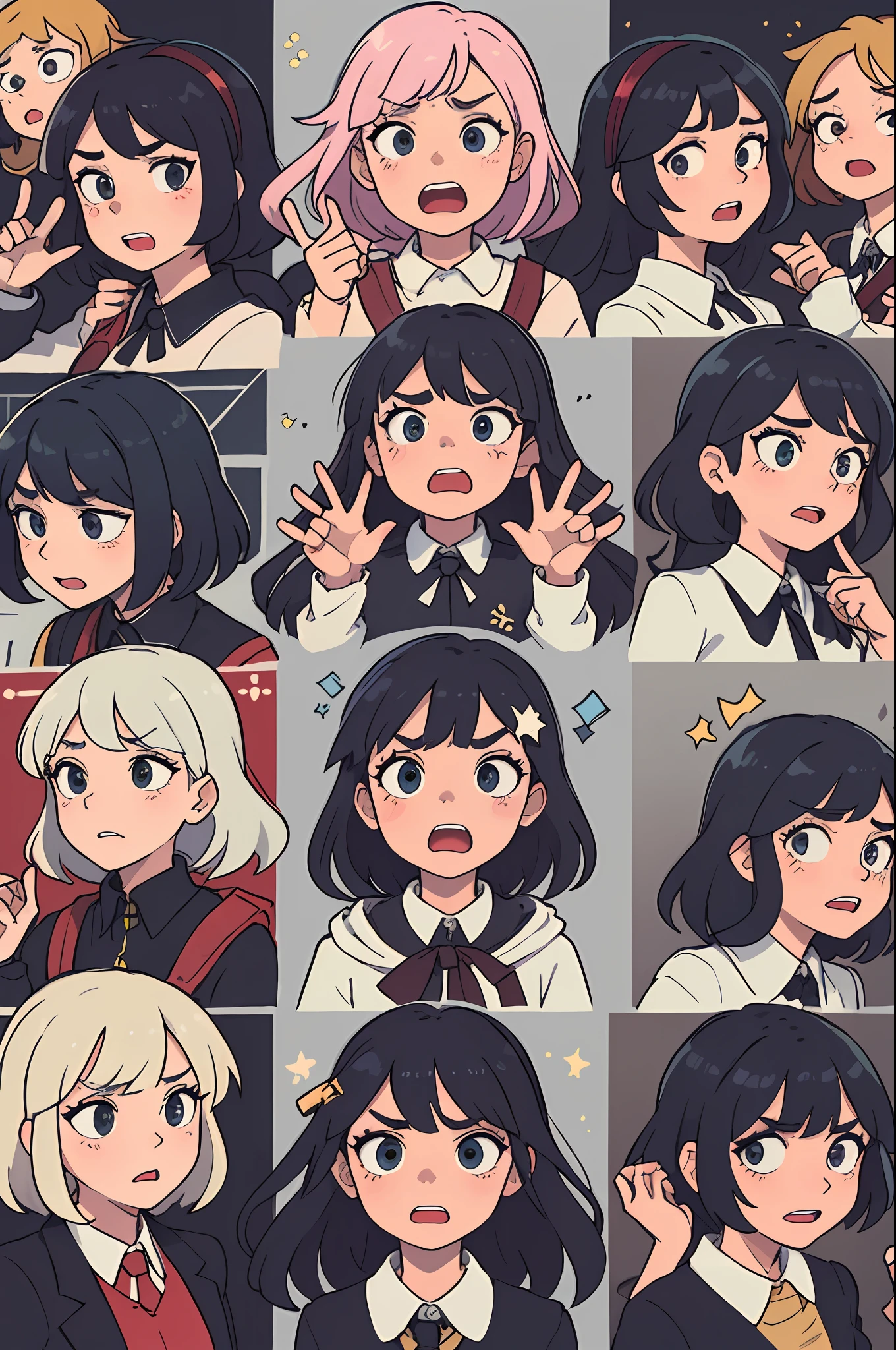 (different poses and expressions of the same character, joy, anger and sorrow, surprise, speechlessness, sadness, fear, anger), different emotions, black cat, big eyes, cute, fluffy, lively, funny, 9 different pose expressions, emojis, exaggerated expressions, (nine squares, evenly spaced, neatly arranged, 3 in each row, a total of 3 rows), emoji packs, character expression design, rich and exaggerated expressions, full of vitality, dynamic, pose, close-up, bust