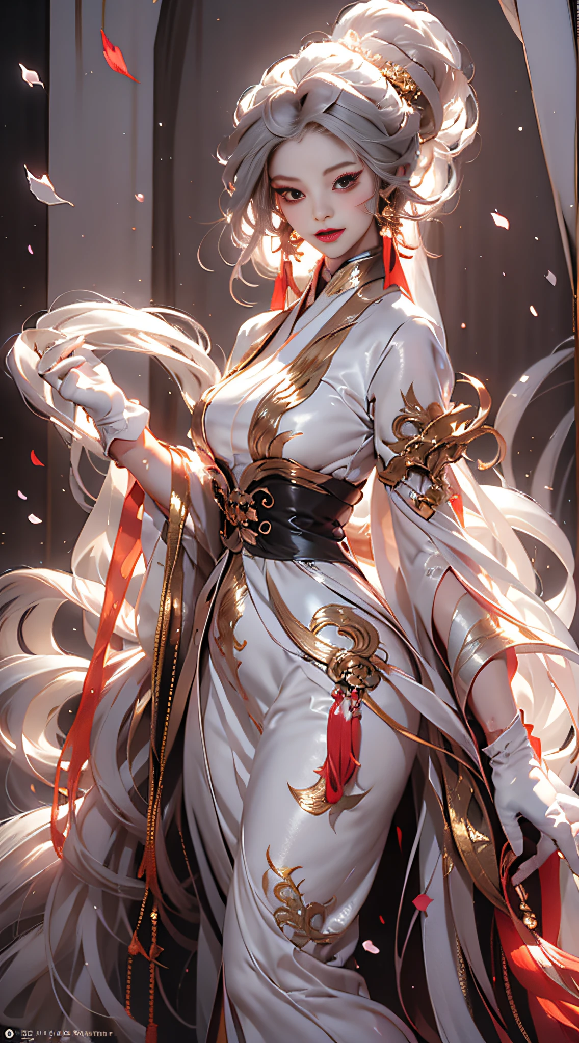 Need,tmasterpiece,A high resolution,(Delicate figure，White gloves:2.0),Absolutely beautiful,(Milky skin:1.3),exquisitedetails，Delicate face，,A high resolution,Wallpapers,1female,独奏,shift dresses,hair adornments,(((Golden and red dress，Long gray hair)) ), long  white hair,Fox's tail, friedly smile,Gorgeous accessories, longer sleeves, Raise Hand, Wide sleeves, Big eyes, Fluttering, Hanfu, Hanfu, embroidery, long  skirt, Feminine pose, falling flower petals, lanterns，16K，HDR，A high resolution，depth of fields，（filmgrain：1.1），Bocoon，prime time，（lens flare glow），Vignette，rainbowing，（Color：1.5）