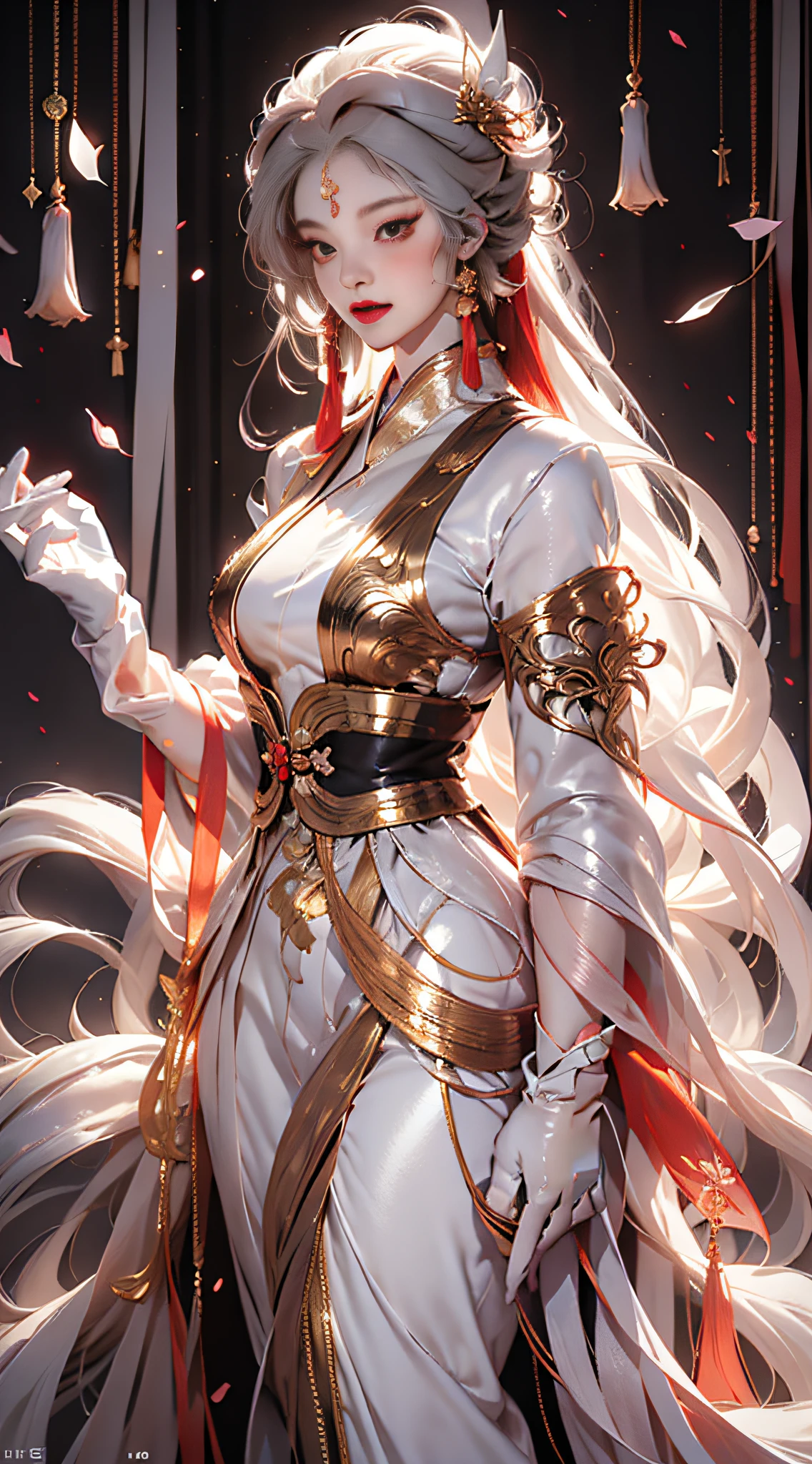 Need,tmasterpiece,A high resolution,(Delicate figure，White gloves:2.0),Absolutely beautiful,(Milky skin:1.3),exquisitedetails，Delicate face，,A high resolution,Wallpapers,1female,独奏,shift dresses,hair adornments,(((Golden and red dress，Long gray hair)) ), long  white hair,Fox's tail, friedly smile,Gorgeous accessories, longer sleeves, Raise Hand, Wide sleeves, Big eyes, Fluttering, Hanfu, Hanfu, embroidery, long  skirt, Feminine pose, falling flower petals, lanterns，16K，HDR，A high resolution，depth of fields，（filmgrain：1.1），Bocoon，prime time，（lens flare glow），Vignette，rainbowing，（Color：1.5）