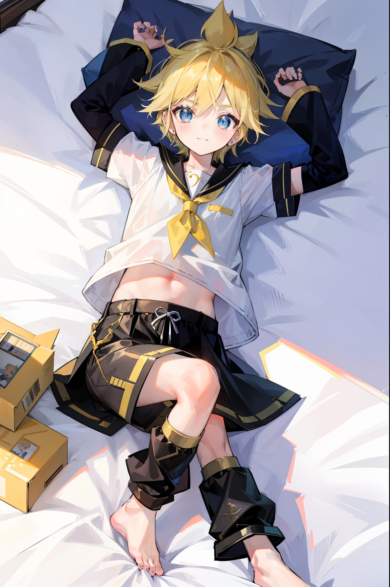 best quality, ultra precision, (one boy), (Len_Kagamine), cute, cool, blond hair, blue eyes, shota, handsome, cowlick, sailor uniform, black short pants, slender,  your cute boyfriend, innocent, boy model, boy is cute like a girl, on bed, lying on bed, lovely, boy adore you, boy love you, spoiled child, smile, character focus