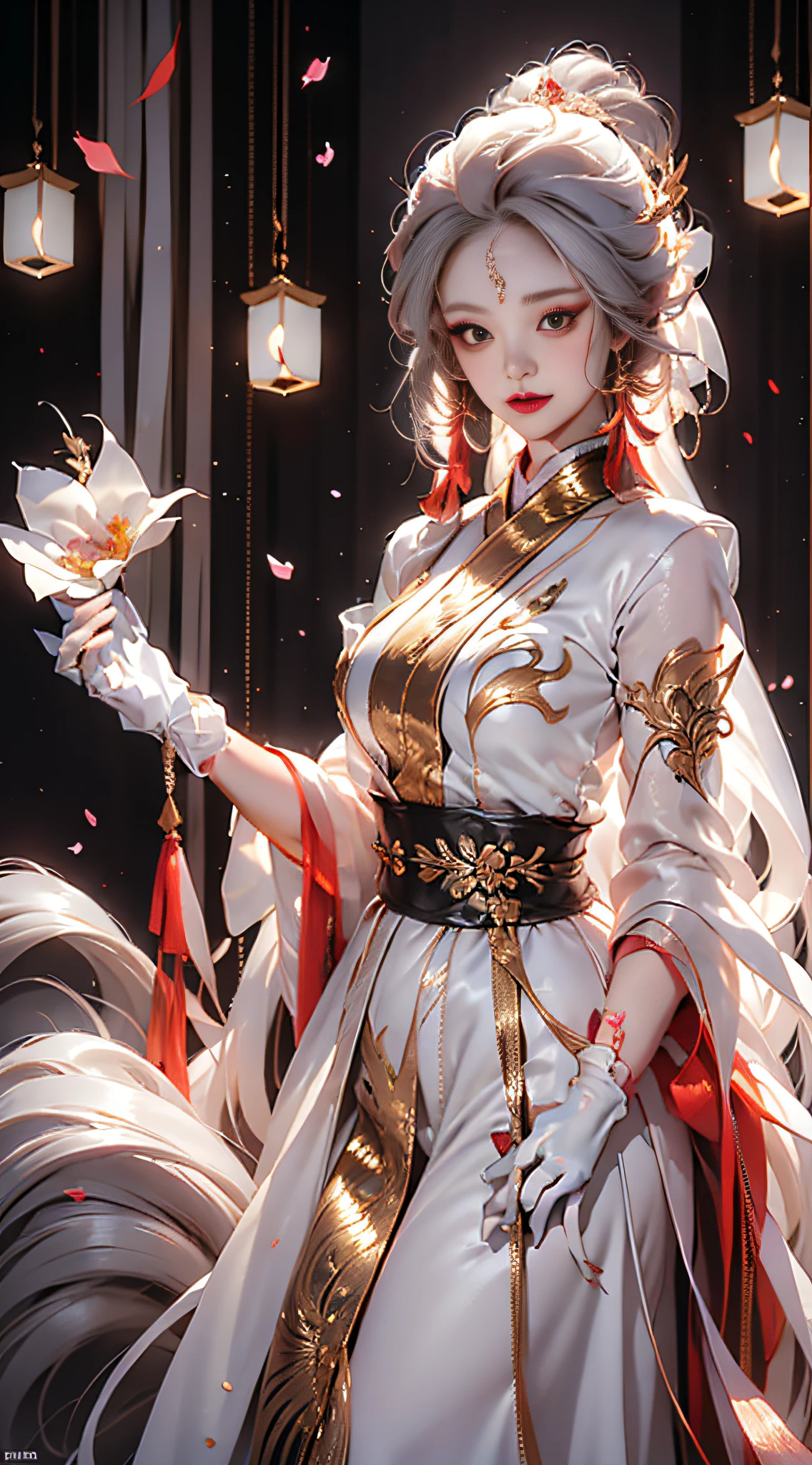 Need,tmasterpiece,A high resolution,(Delicate figure，White gloves:2.0),Absolutely beautiful,(Milky skin:1.3),exquisitedetails，Delicate face，,A high resolution,Wallpapers,1female,独奏,shift dresses,hair adornments,(((Golden and red dress，Long gray hair)) ), long  white hair,Fox's tail, friedly smile,Gorgeous accessories, longer sleeves, Raise Hand, Wide sleeves, Big eyes, Fluttering, Hanfu, Hanfu, embroidery, long  skirt, Feminine pose, falling flower petals, lanterns，16K，HDR，A high resolution，depth of fields，（filmgrain：1.1），Bocoon，prime time，（lens flare glow），Vignette，rainbowing，（Color：1.5）