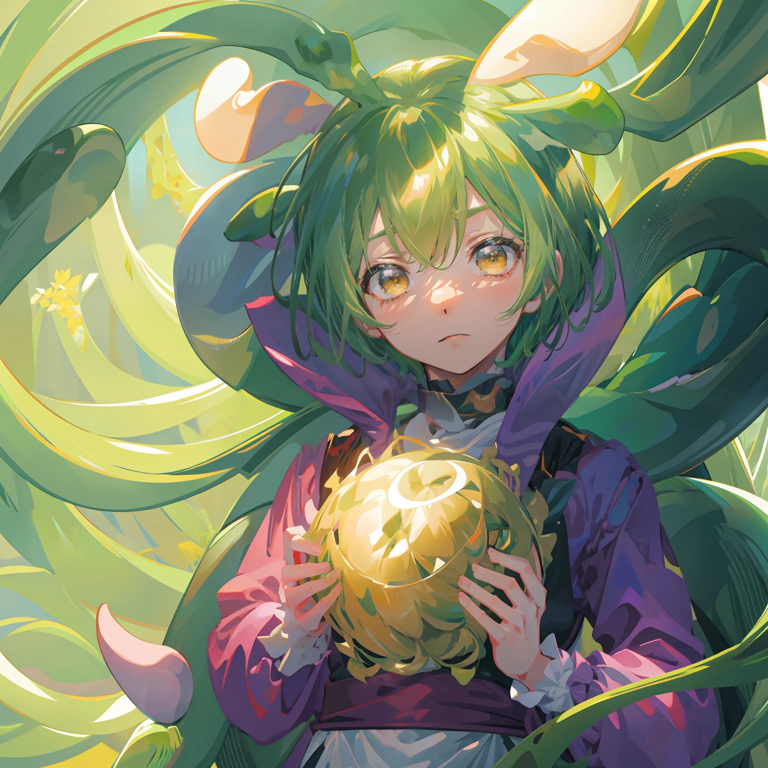 masutepiece, Fine detail, 4K, 8K, 12K, Solo, 1 person, Handsome boy, white male, Zundamon, , Shota, Short stature, Yellow-green hair, Short hair, voluminous hair, Sunlight penetrating the leaves