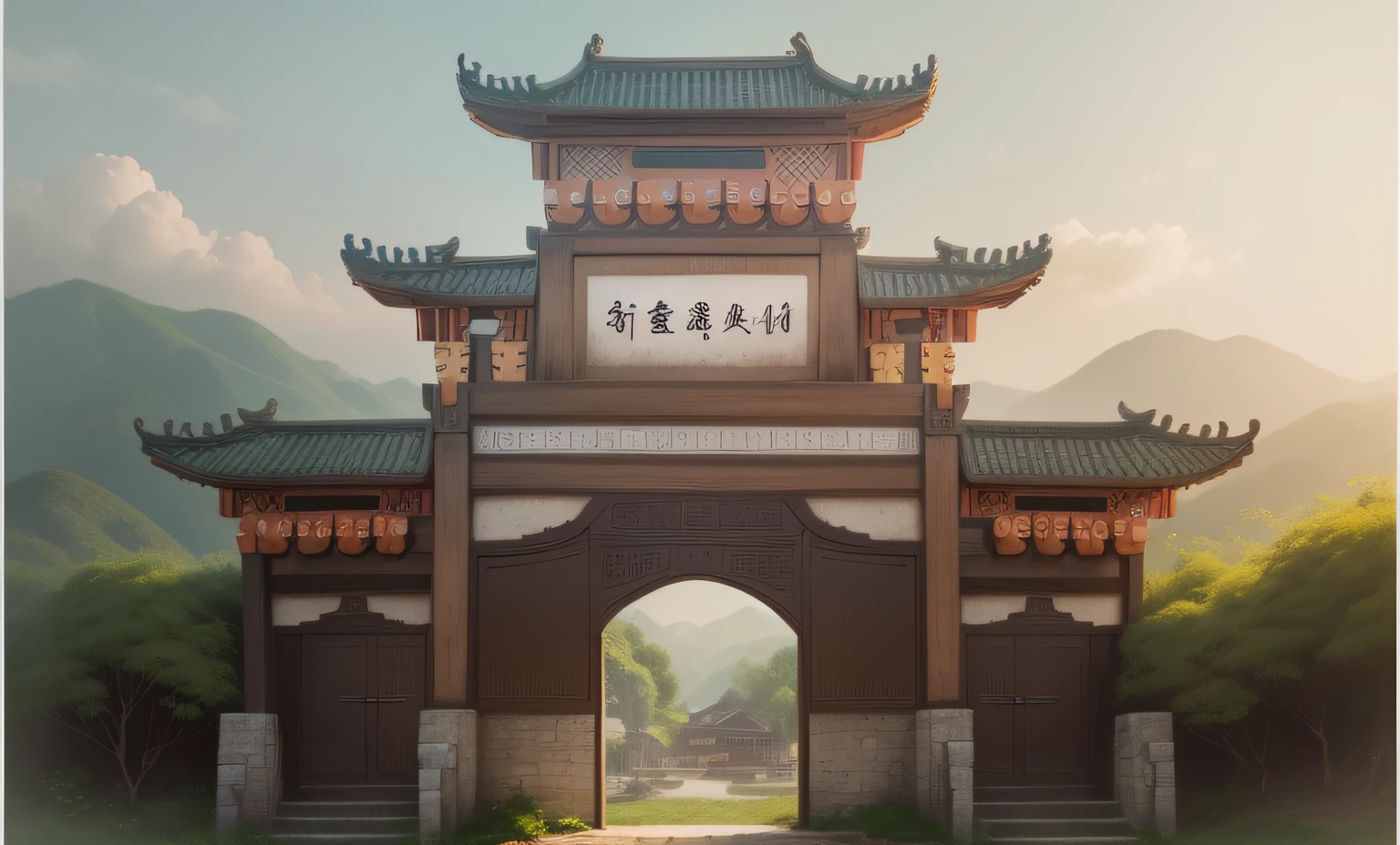 This is an illustration depicting Chen Pi Village in Xinhui, Jiangmen, China,Risograph printing technique is adopted。The picture shows the archway of Chen Pi Village,It is mainly light brown,The picture has a minimalist style。dignified,elegance,National style,The painting uses 3:4 aspect ratio。 --auto