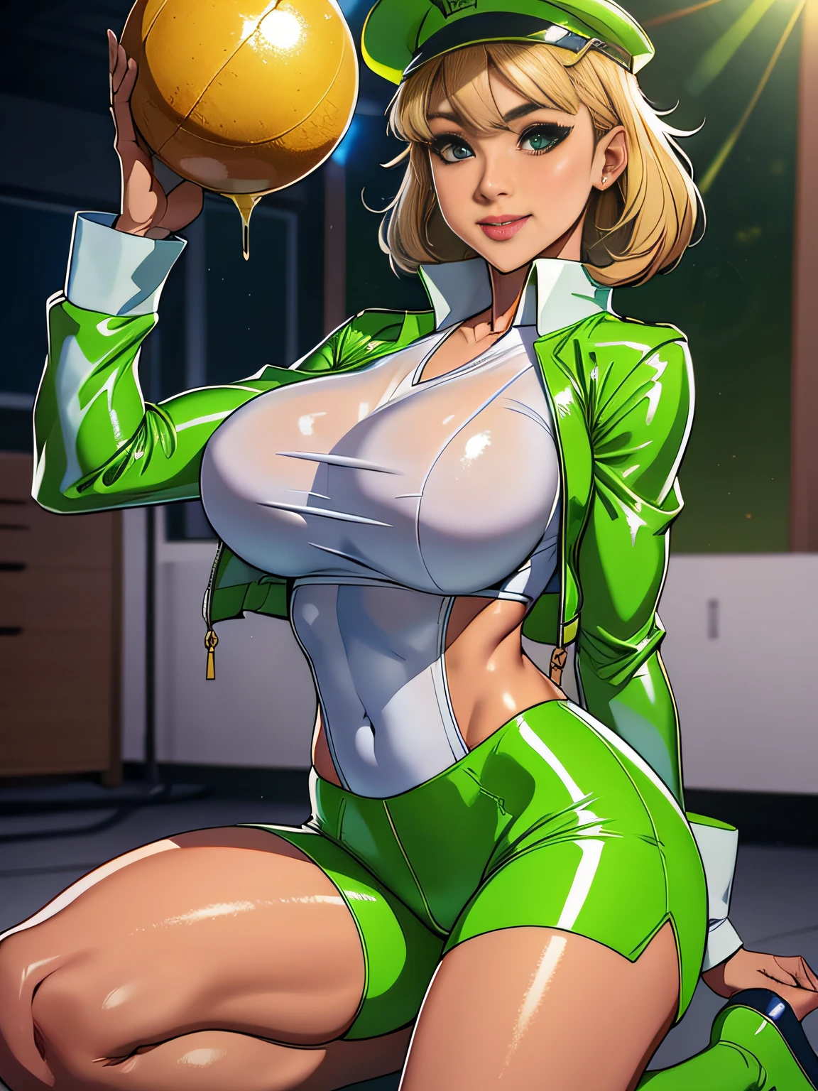 1 female Air Force officer、Air Force Uniforms、Alafe in a shiny lime green flight jacket、Glossy shorts、Thick white shirt、Leather Military Shoes、hatting、Five Fingers、Big breasts about to burst、slurry and long legs,,、Fitness Model、musculature、abdominals、Height 175cm、Sun visor、Shiny clothes with tanned skin、cool smile、full-body view、publicity cosplay、full-cosplay、taken with canon 5d mk4、cosplay foto