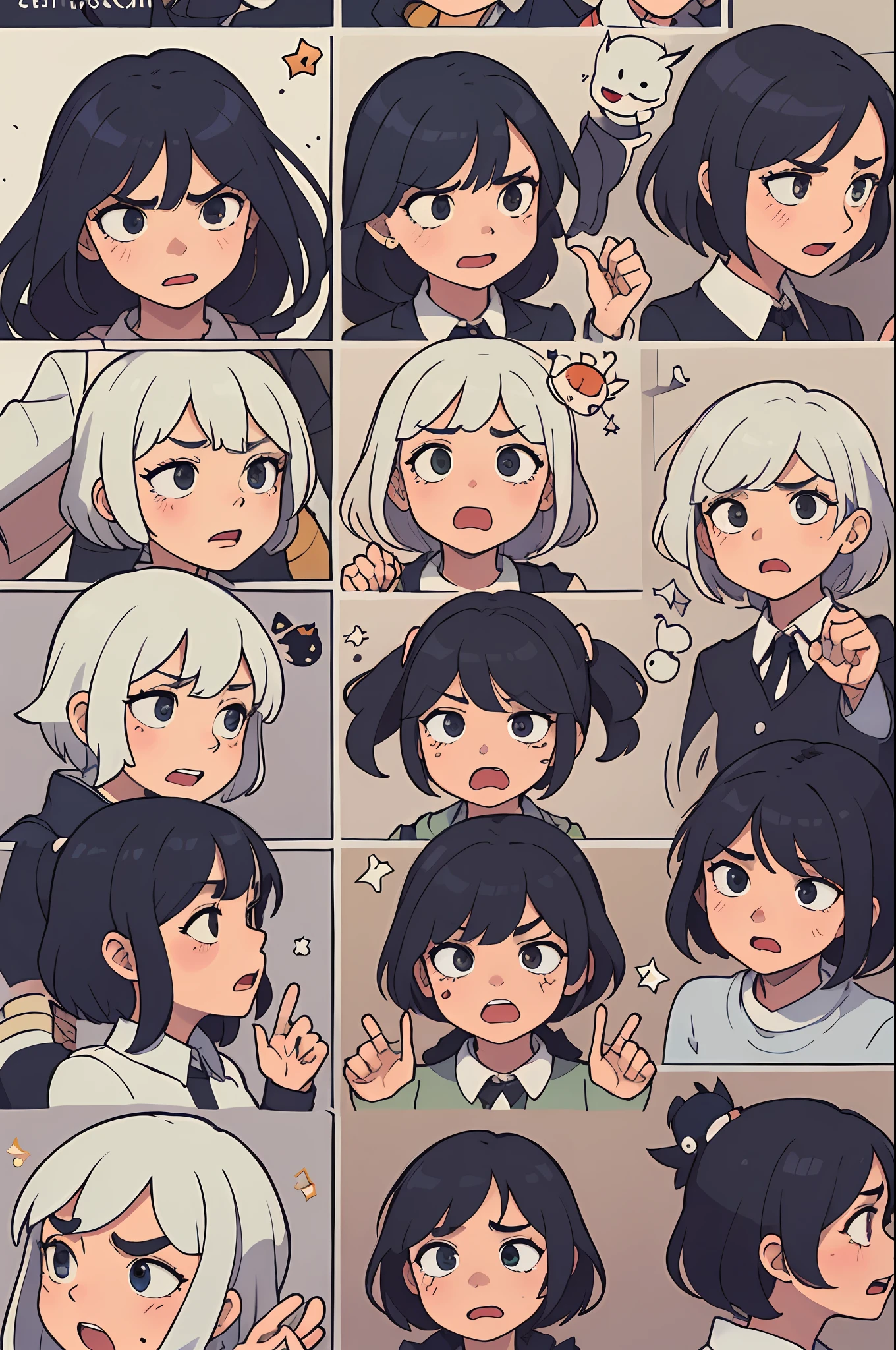 (different poses and expressions of the same character, joy, anger and sorrow, surprise, speechlessness, sadness, fear, anger), different emotions, black cat, big eyes, cute, fluffy, lively, funny, 9 different pose expressions, emojis, exaggerated expressions, (nine squares, evenly spaced, neatly arranged, 3 in each row, a total of 3 rows), emoji packs, character expression design, rich and exaggerated expressions, full of vitality, dynamic, pose, close-up, bust