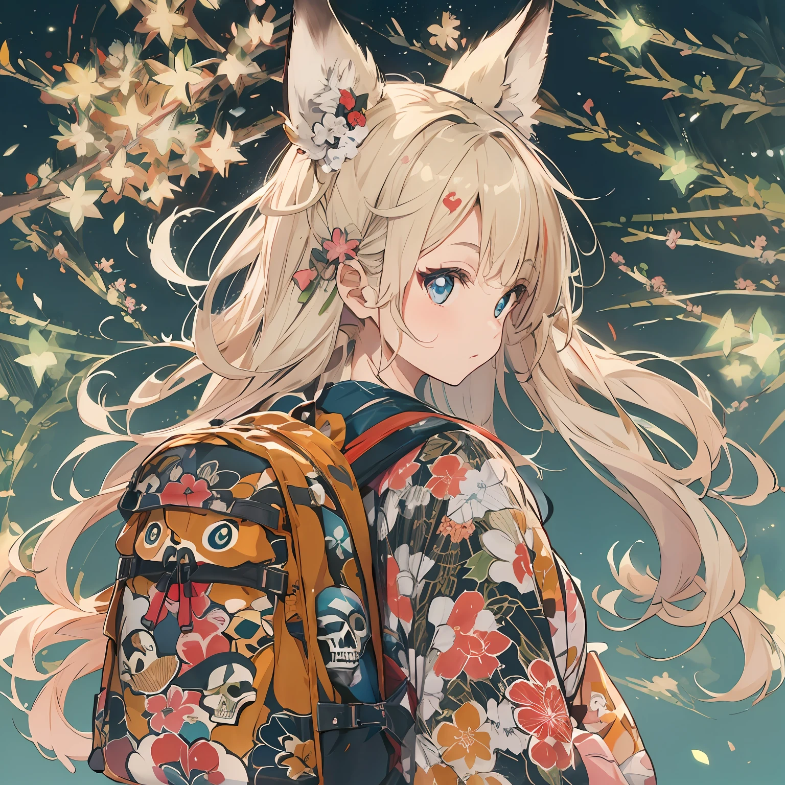 Fusion of fox mask and skull、Ukiyo-e style skull pattern、Hair flowing in the blast、put your hair up、Mass fireworks display、sky at night、Summer Festivals、(Japan kimono printed with a skull pattern:1.5)、Thick eyebrows、Chest、(Huge backpack:1.5)、Beautiful blonde hair、Rabbit ears、(masterpiece)、((top-quality))、(ultra-detailliert)、(in 8K)、Full Body Anime Girl、Clean and detailed anime face、High Resolution Anime Eyes、Beautiful fingers、Five Fingers、nffsw(HighDynamicRange)、The perfect human structure、