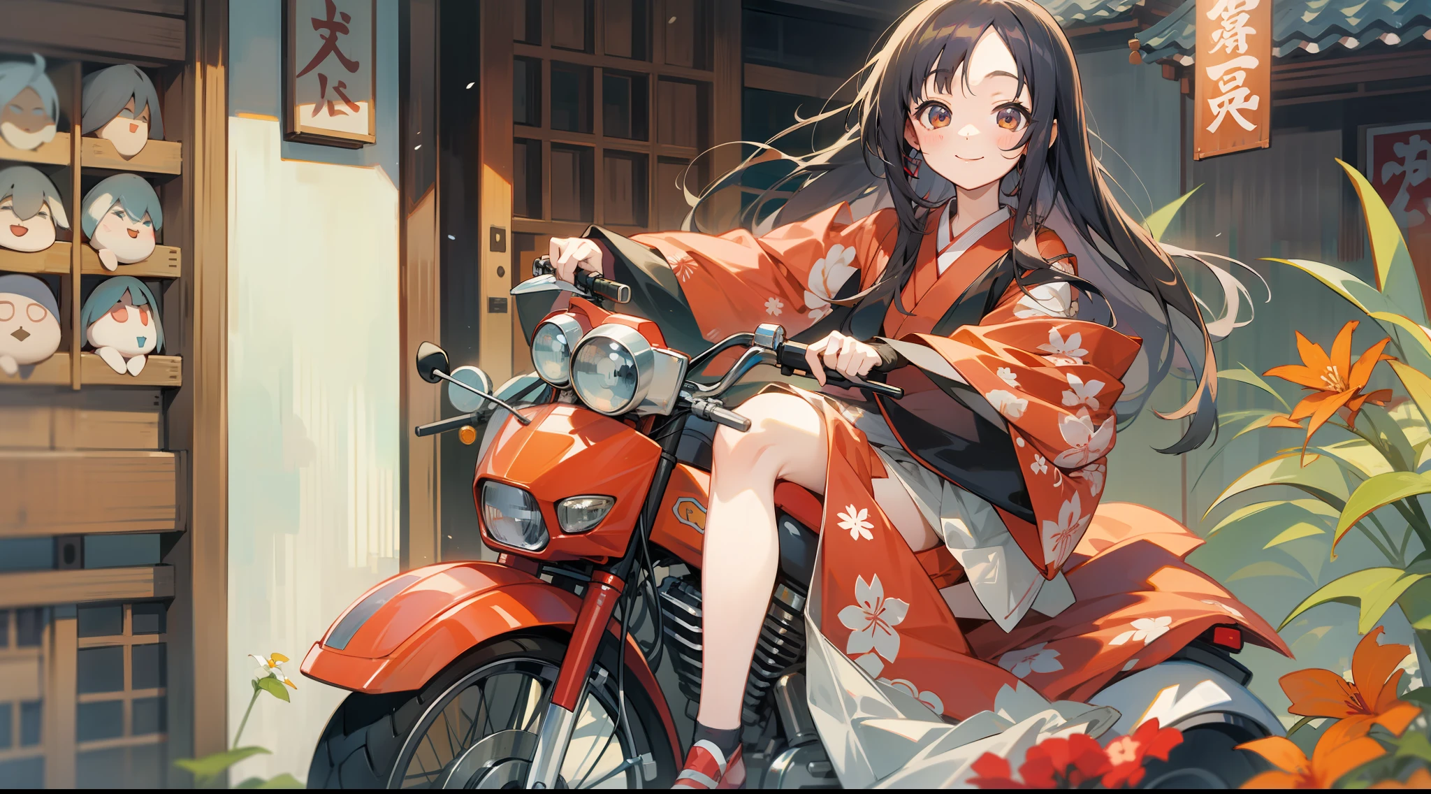 Kaguya in kimono, smiling, cute, accessories, doll riding a motorcycle in the city in summer