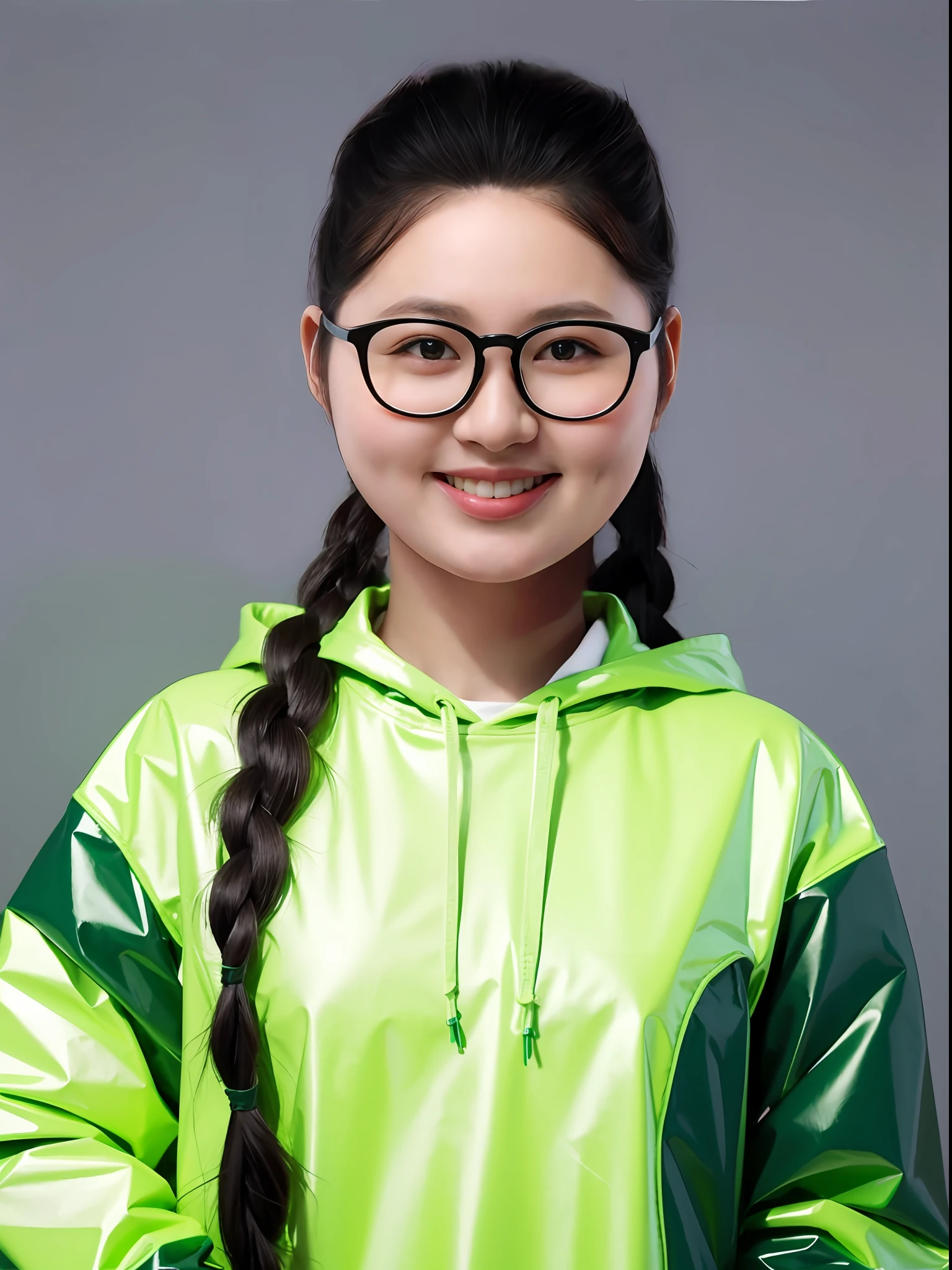 A Chinese high school girl,Wear a green PVC sweatshirt,long braid