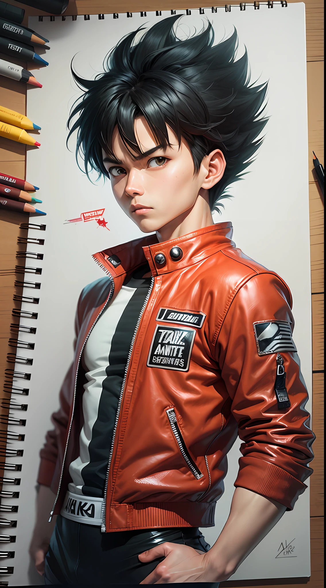Akira male character Kaneda consists of - Art - O - Katsuhiro Ôtomo, Red leather jacket, red racing suit, MOTO GP suit, hand drawn, pencil ink on sketch book, color pencils and markers on table,anime manga Art Style, Wild Spike Black Saiyan Hair, Akira Toriyama style, AKIRA concept art, inspired by Seki Toriyama, AKIRA style, HD artwork, character AKIRA