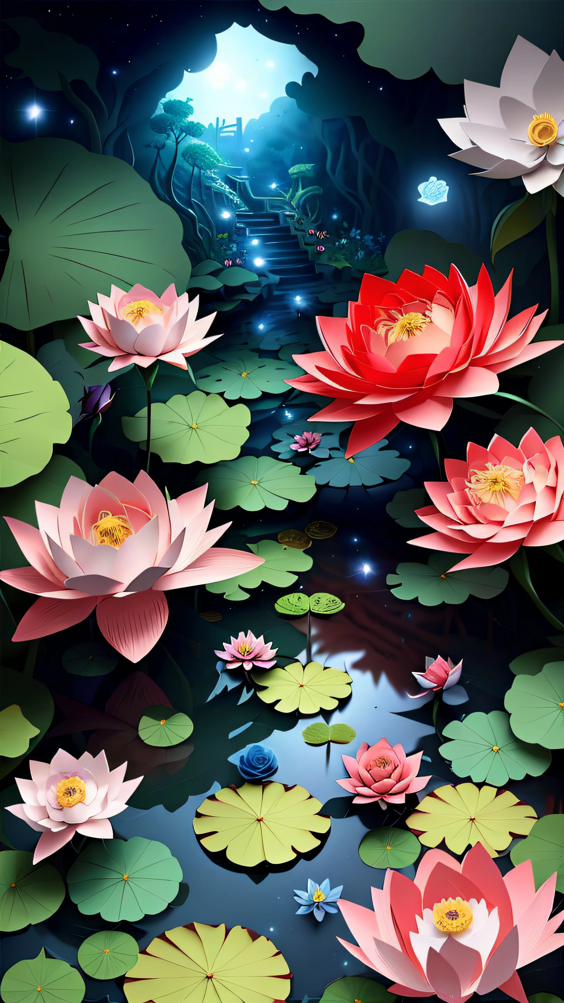 No Man，Secret garden, (Rose flower)，Strange tree house，stairways，A winding bluestone road，（waterfallr），（small stream），lotuses，water lilies，Rose bushes，Lush big breasts, Floral, Rose, butterflys，glowworm，a plant, romanticism lain, Moody, Skysky，Starcloud，nigh sky，As estrelas，rays of moonlight，
 ， Paper_cut