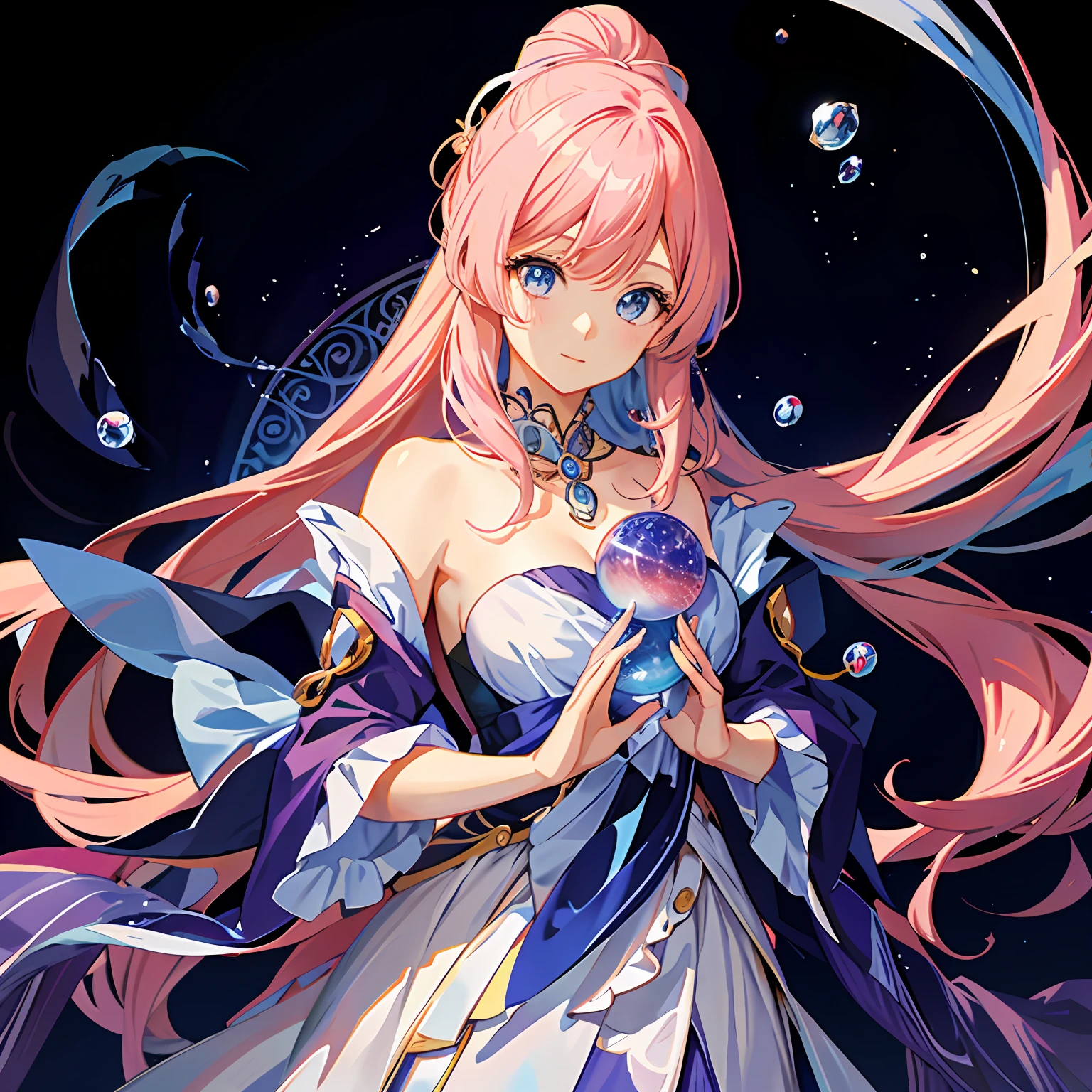 Anime girl holding crystal ball with pink hair and blue eyes, Beautiful celestial mage, Anime fantasy illustration, Anime fantasy artwork, beautiful fantasy anime, Detailed digital anime art, Portrait Chevaliers du Zodiaque Fille, cute anime waifu in a nice dress, 2. 5 D CGI anime fantasy artwork, Beautiful anime girl, style of anime4 K, Anime art wallpaper 4k